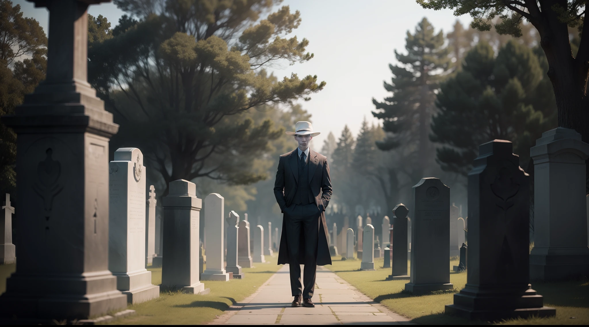 Strange pale man standing in front of gravestones of the cemetery spoiled eyes very realistic photo