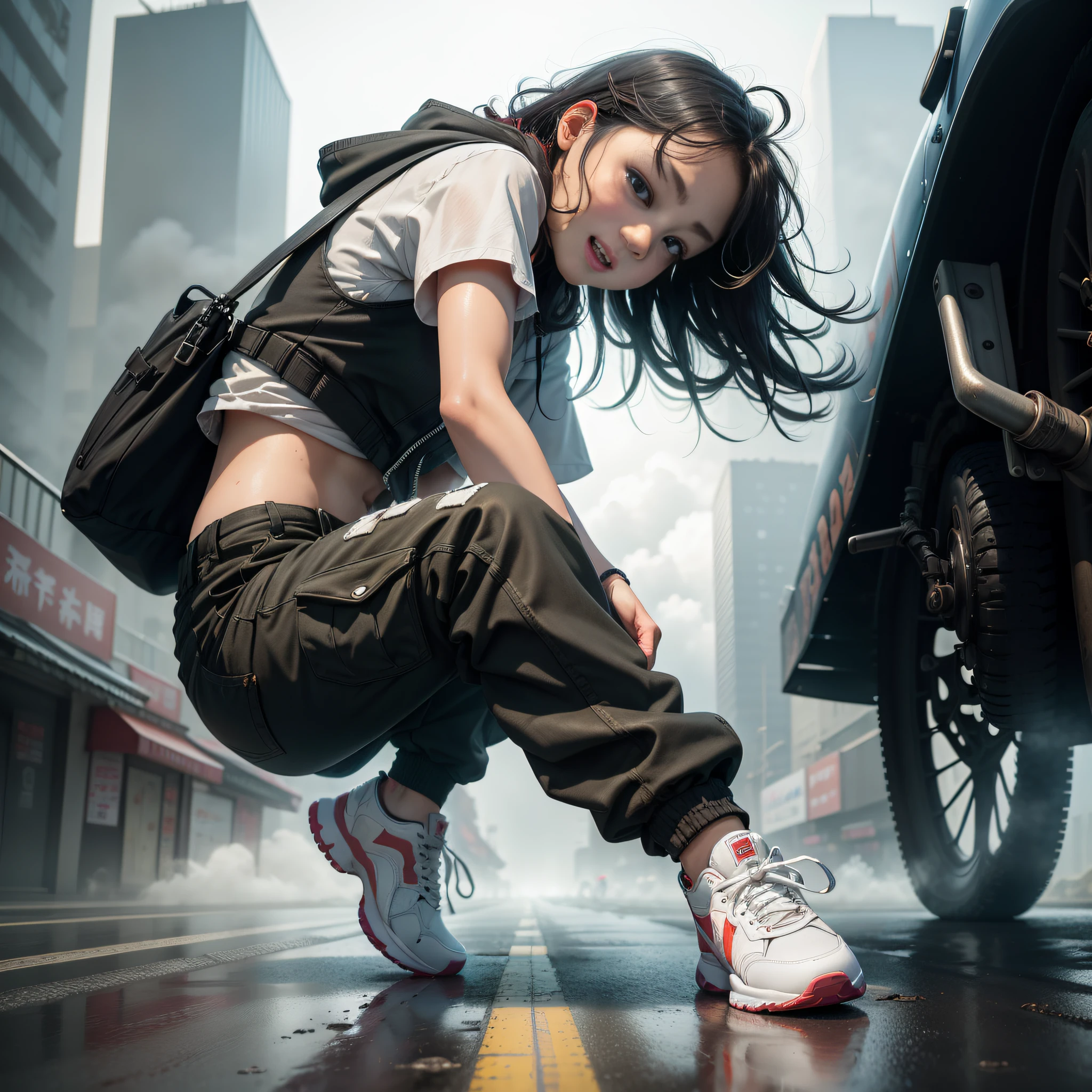 Dance、Artistic jump、break dance、Strenuous movements、vibrancy、Cyberpunk Style、Blade Runner vibe、Steam flows from exhaust outlets on the road surface、The road surface is wet、独奏、Fluttering hair、Cute Baby Turtle、Beautuful Women、a small face、white skinned、hason、young 17 years old、Bright smile、Half-open mouth、White teeth are visible、(Gradient of black-red hair、Long messy hair)、(cargo pants、vests、White sneakers)、(delicate detailed fingers、Detailed body、detailed arms、human hand)、(Detailed face) 、(8K、top-quality: 1.4、tmasterpiece、 hyper HD、 Top resolution,、The is very detailed、 profesional lighting、 Gray light illumination、low angle from below、Blow steam into the landscape、Fog in the landscape、Foggy、