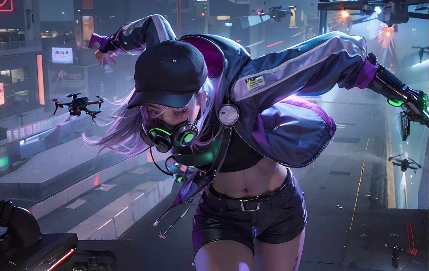 1 girl, purple jacket, silver hair, black tanktop, wearing gass mask, cap, drone aroaund