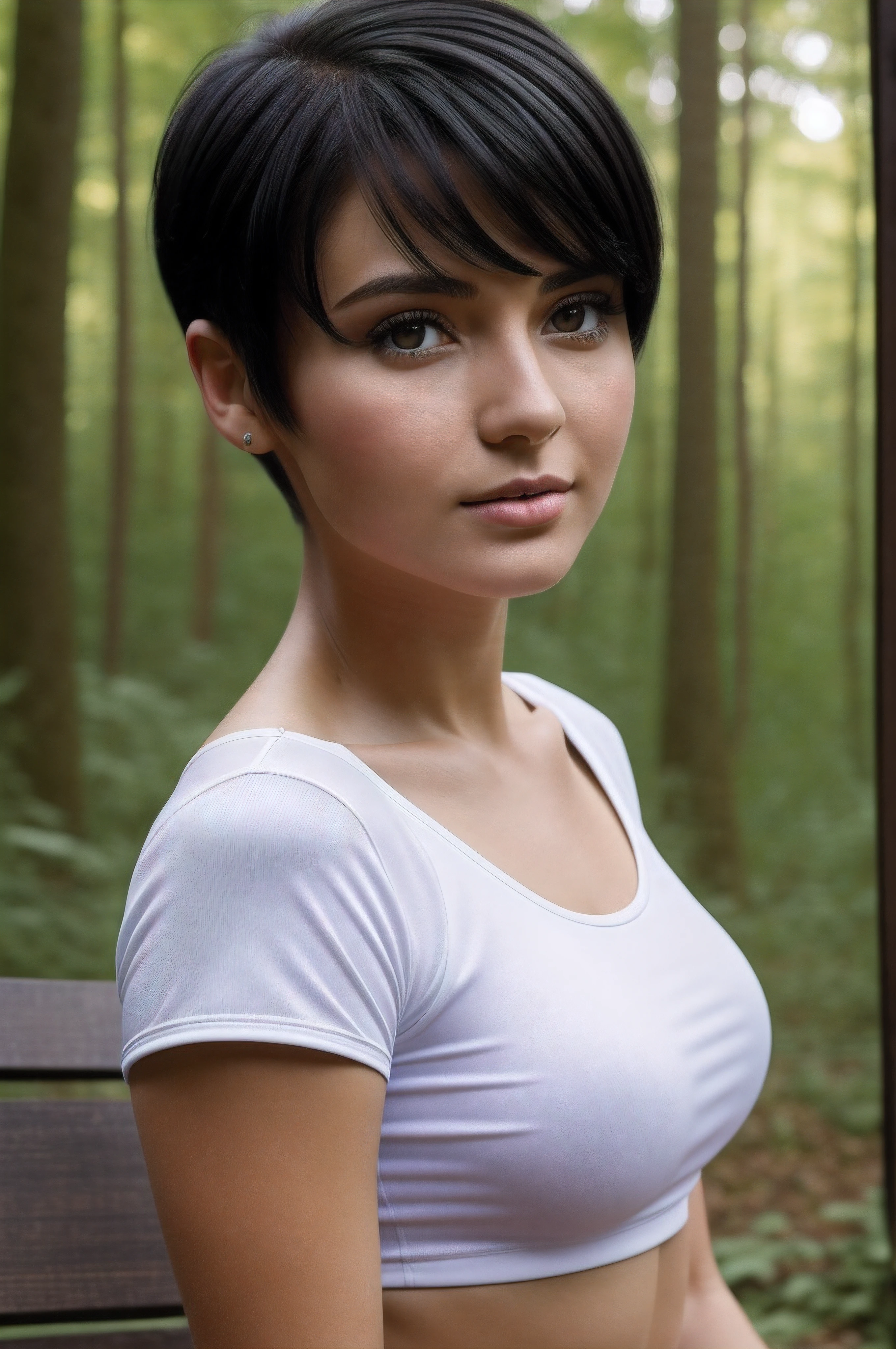 very high resolution, (fidelity: 1.4), photo, 1 girl, day, forest glade, best quality, 8k, masterpiece: 1.3, ultra-realistic, sitting on a bench posing for a photo, leaning into the camera, ultra-realistic, close-up of a woman, pose to photos, fairy shape short black hair, head like Anastasia ovchinnikova, black short hair, short black hair cut in a fairy-tale way, with short hair, head like Olga Buzova, short black hair, alina ivanchenko, short dark hairstyle, fairy-tale hairstyle, fairy-tale hairstyle , Julia Gorokhova, short dark hair, evil, heavy makeup, masterpiece, (short black hair), ultra realistic skin with pores, outdoors, best quality, ultra high resolution, raw photo, bright diffused light, black tight sports shorts, white tight sports T-shirt, sports shoes,