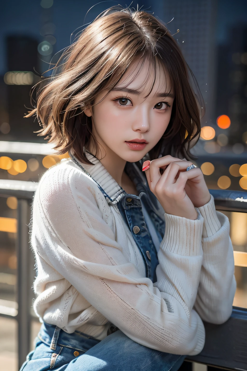 Generate images of a seductive young woman in a photorealistic style, captured in 8K resolution, resembling the exquisite beauty of Korean actress Park Kyu-young. She is dressed in stylish jeans and a long-sleeved white shirt.
Her features are impressive, with large, expressive eyes, a small mouth, and a straight nose that gives her a doll-like look. She has a short bob haircut with shiny black hair. The image should highlight the details of her delicate face.
The background is a rooftop offering a panoramic view of a futuristic cityscape at night. The cityscape is illuminated with neon lights and the night sky is filled with stars. Strong winds blow through the rooftop, causing the woman's hair to billow in the wind.
The photograph was taken with a DSLR camera, and the lighting creates extreme contrasts of light and shadow, adding a sense of drama to the scene. She leans her arm against the railing, gazing into the distance, away from the camera, creating an air of mystery.
This image aims to portray a captivating presence with a seductive and alluring vibe, set against the backdrop of a futuristic cityscape at night. The lighting and composition should accentuate her charm and create a sense of intrigue.
Please ensure that the final image is in a photorealistic style, emphasizing every detail, from her expressive eyes and face to the intricate features of her hands and windswept hair.
The focus should be on capturing her whole body, Even though she's not facing the camera.. Her hands and feet must be intricately detailed. White shirt and jeans、Creates a classic and timeless look, Enhance her overall attractiveness.
This image is、It aims to depict a seductive presence with a cute and adorable atmosphere. Lighting and composition are、Should emphasize her charm and elegance against the background of industry.
Make sure the final image is in a photorealistic style, Emphasis on every detail, From expressive eyes and face、up to the complex features of the limbs,.