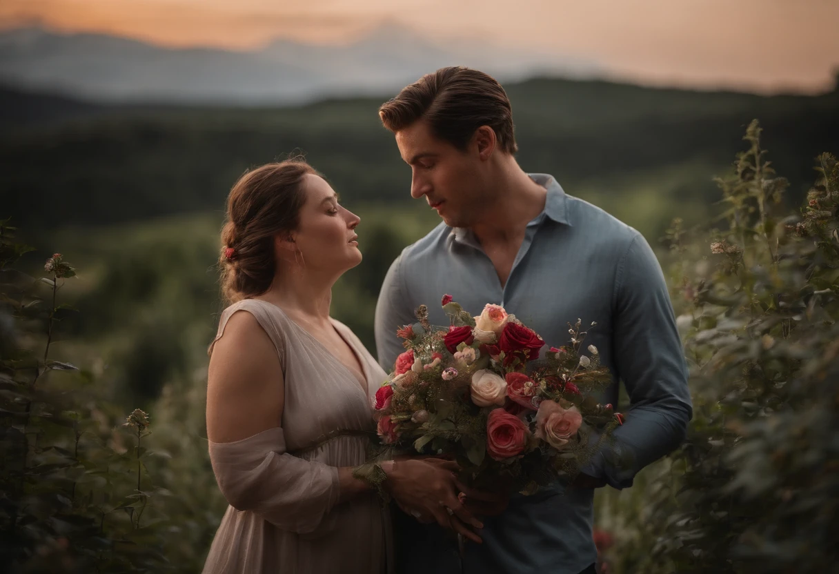 25 YEAR OLD MAN AND PREGNANT WIFE, FAMILY, LOVE, ROMANCE, ROMANTIC, FLOWERS, NIGHTTIME, MOONLIGHT, NATURE, ROSES, NATURE, 8K, intricate details, HDR, beautifully shot, realistic, sharp focus, 64 megapixels, perfect composition, high contrast, cinematic, 8K, CAUCASIAN, BLUE EYES, Italy