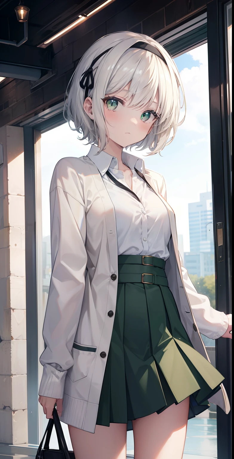 masterpiece, best quality, highres, nn1, 1girl, headband, short hair, green skirt, white shirt, black cardigan, open clothes, white thighs, long sleeves, cowboy shot, standing, curling,