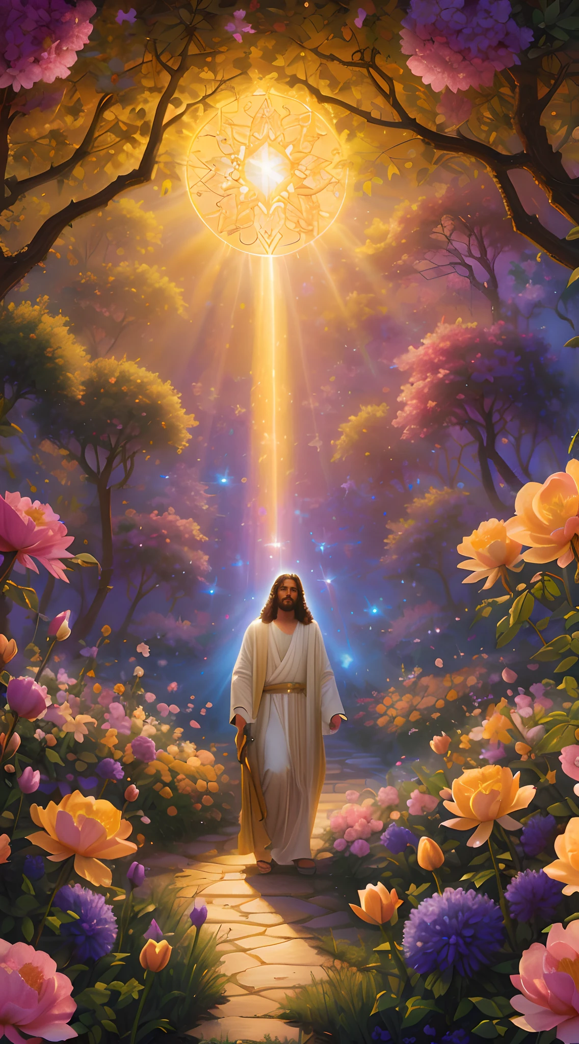 jesus walking through a garden of flowers with a bright light shining through the sky, blossoming path to heaven, greg olsen, holy sacred light rays, holy rays of spiritual light, inspired by Christophe Vacher, heavenly light, radiant halo of light, heavenly lighting, jon mcnaughton, background artwork, majestic light, by Christophe Vacher, glowing god rays