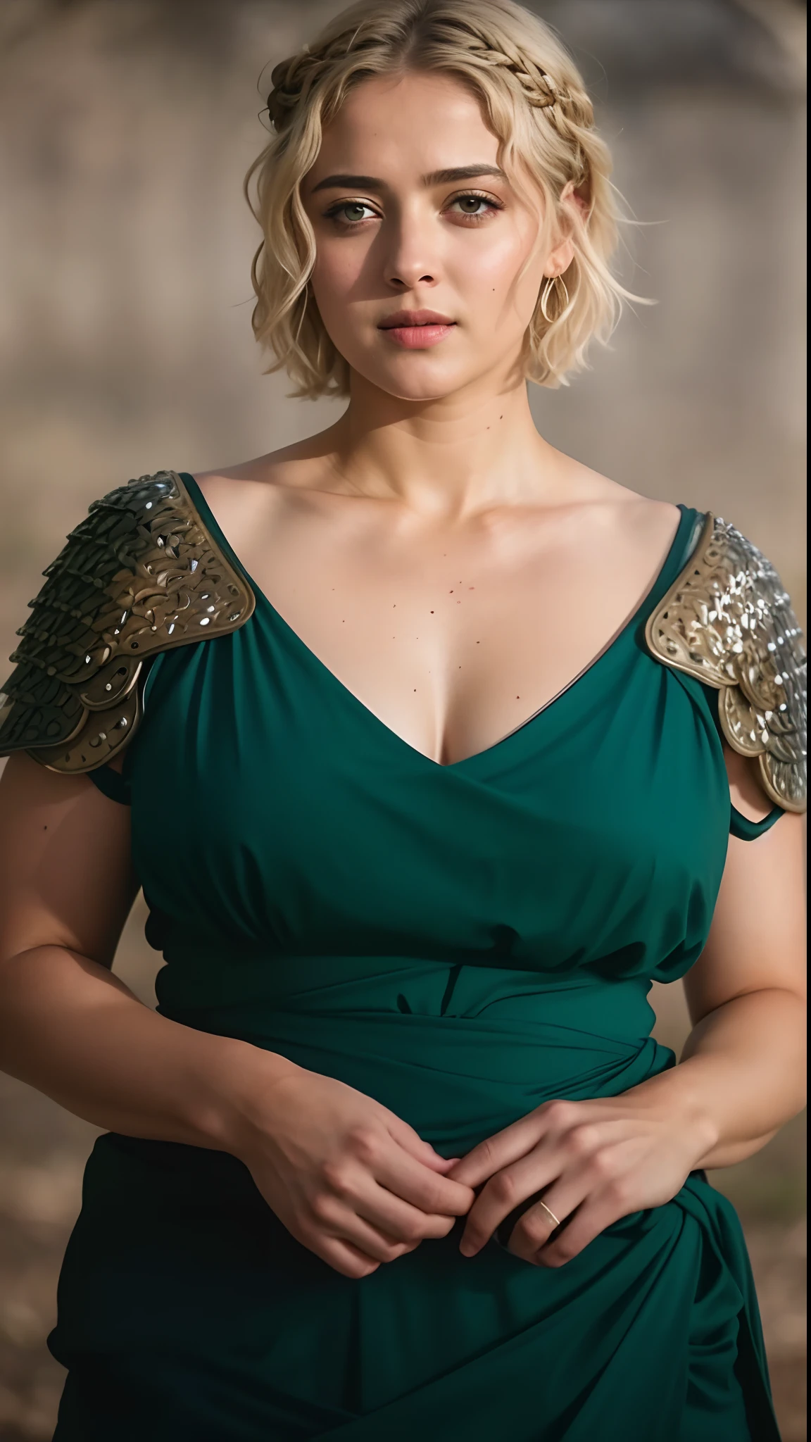 Masterpiece, Face of Anushka Shetty, a beautiful Viking woman, ((Marilyn Monroe:Michelle Pfeiffer:0.5)), (chainmail armor), (medium breasts), (perfect body), (blonde matted hair), (short hairstyle), welding a sword, outside, dirty, spattered with blood,(skin texture:1.1), best quality, ultra high res, Raw photo, Nikon D850, backlight, rimlight, bright sunlight, film grain:1.2, (warm hue, warm tone:1.2), (color photo), fantasy battlefield background