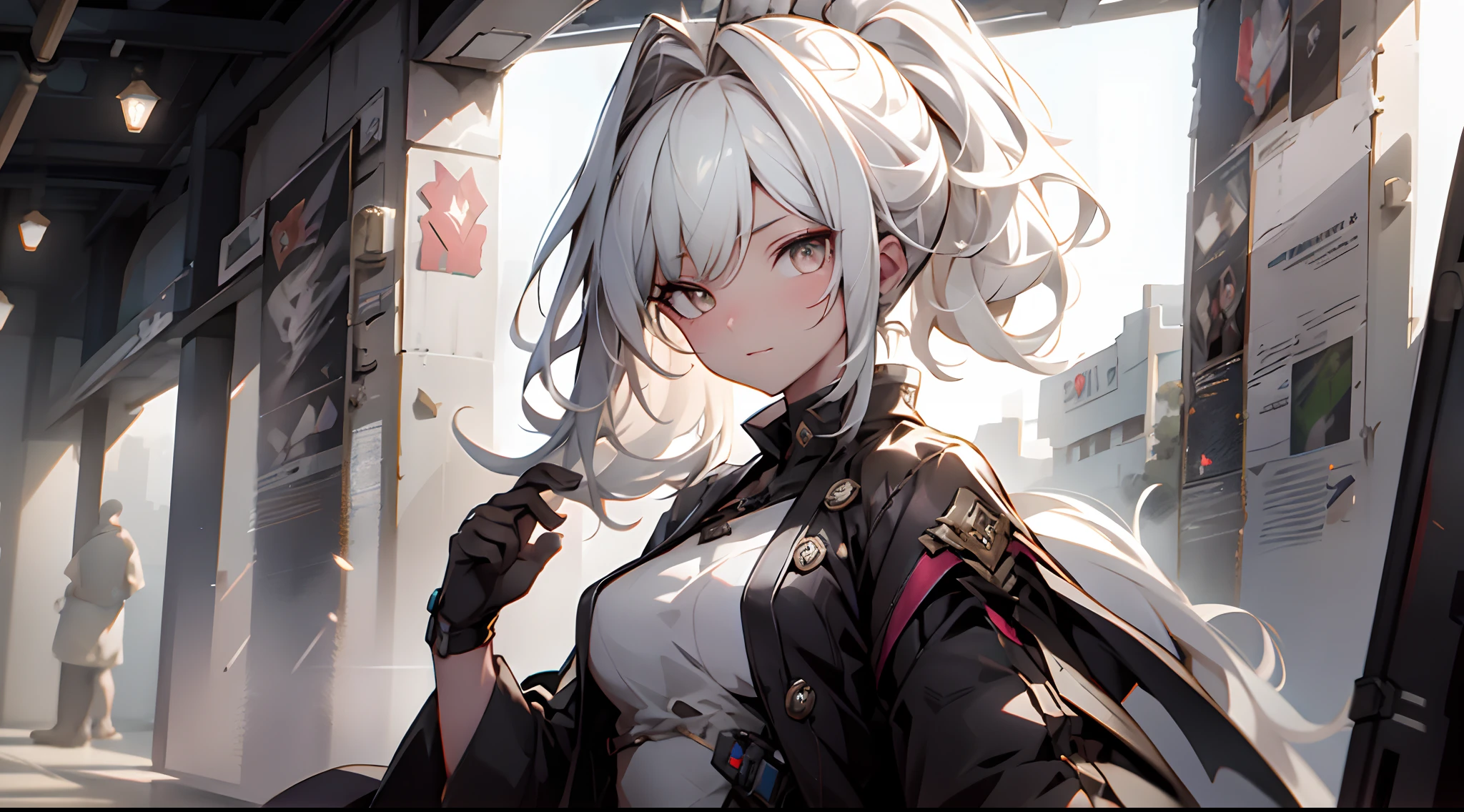 1 adult woman with a gun like weapon in her hand, alone, High detail mature face, long ponytail silver hair, gold eyes, white china dress with black strip, wear black head band, high res, ultra sharp, 8k, masterpiece, looking at viewer, long black gloves, Sharp eyes, running, jumping, bullet exp[osion, ((Best quality)), ((masterpiece)), 3D, HDR (High Dynamic Range),Ray Tracing, NVIDIA RTX, Super-Resolution, Unreal 5,Subsurface scattering, PBR Texturing, Post-processing, Anisotropic Filtering, Depth-of-field, Maximum clarity and sharpness, Multi-layered textures, Albedo and Specular maps, Surface shading, Accurate simulation of light-material interaction, Perfect proportions, Octane Render, Two-tone lighting, Wide aperture, Low ISO, White balance, Rule of thirds,8K RAW, Aura, masterpiece, best quality, Mysterious expression, magical effects like sparkles or energy, flowing robes or enchanting attire, mechanic creatures or mystical background, rim lighting, side lighting, cinematic light, ultra high res, 8k uhd, film grain, best shadow, delicate, RAW, light particles, detailed skin texture, detailed cloth texture, beautiful face, fighting stance