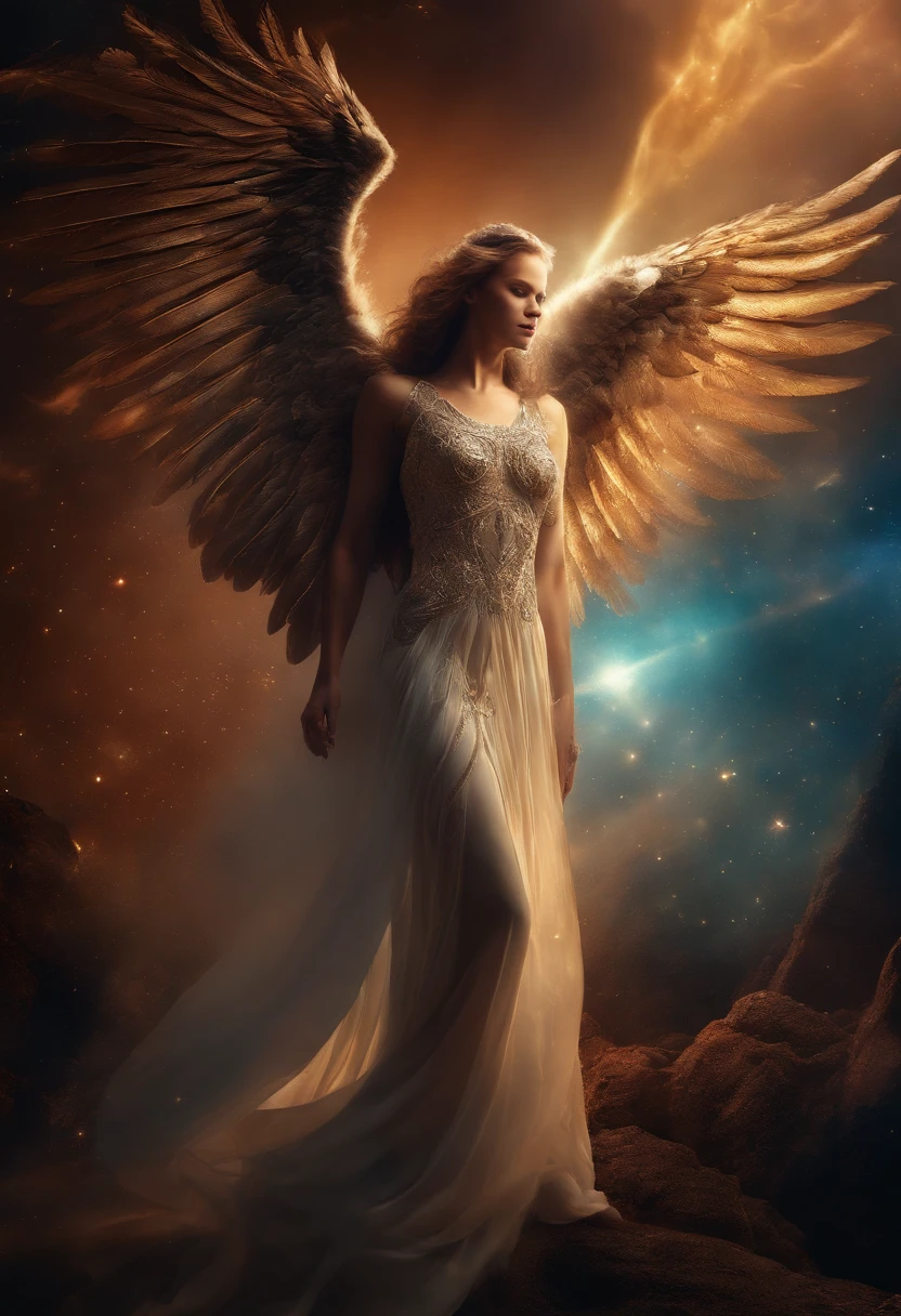 cosmic fallen angel, olhos claros brilhantes, Biomechanicals, estranho, assustador, Pesadelo, cores muito brilhantes, light particles, com luz brilhante, Mshiff, Arte do papel de parede, Papel de parede UHD