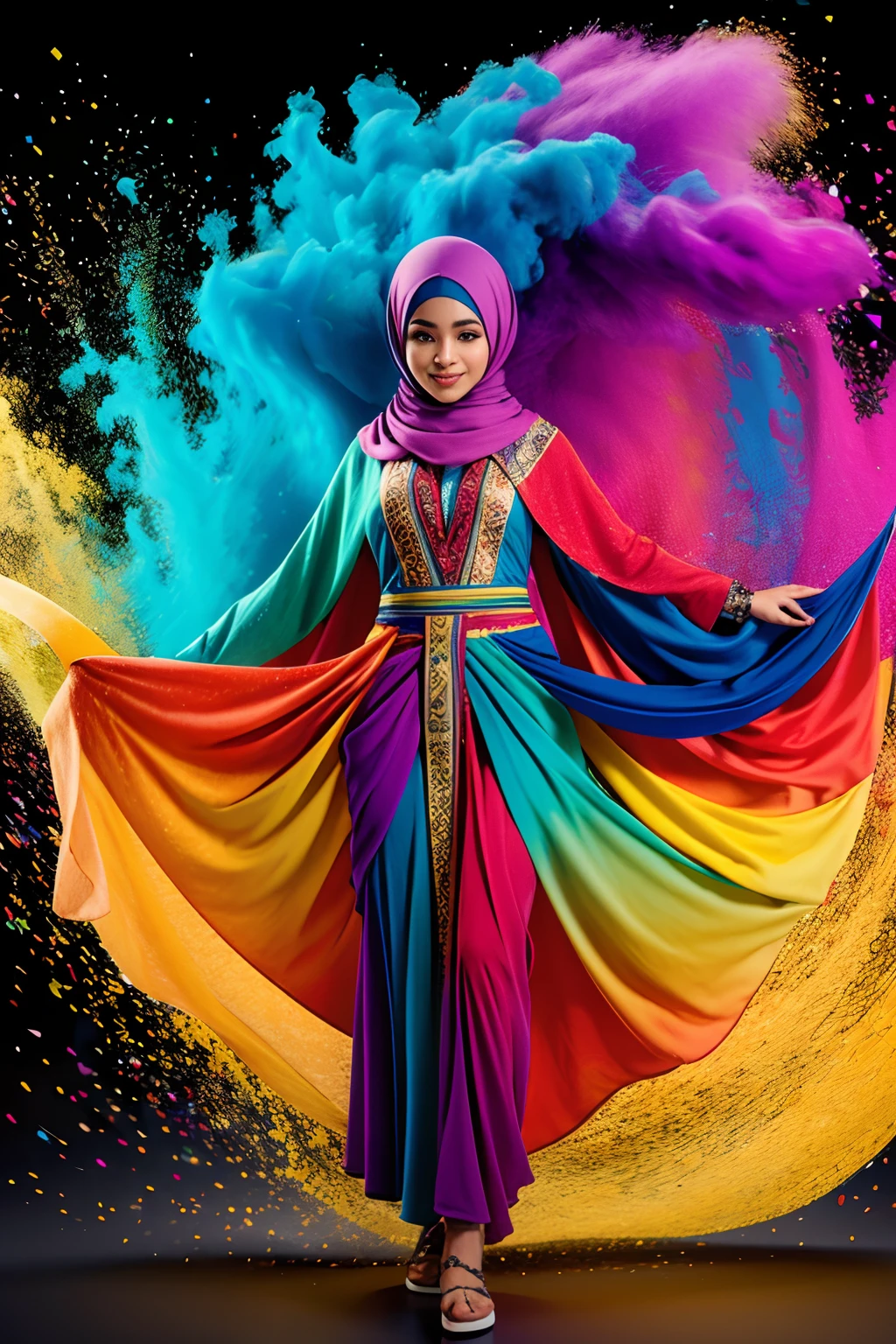 (half body:1.2), (Smokexxx:1.4), 1 malay girl in hijab with really wild hair, (multicolored wavy hijab:1.2), ( Long hijab:1.2), (long wild hair:1.2), (multicolored hijab:1.9 ), wearing a long skirt, high contrast, Epic cinematic, soft studio lights, rim light, Absurd, Amazing, Funny, itricated, hyper detailed, ultra realistic, soft colors, 8k, half body shot,