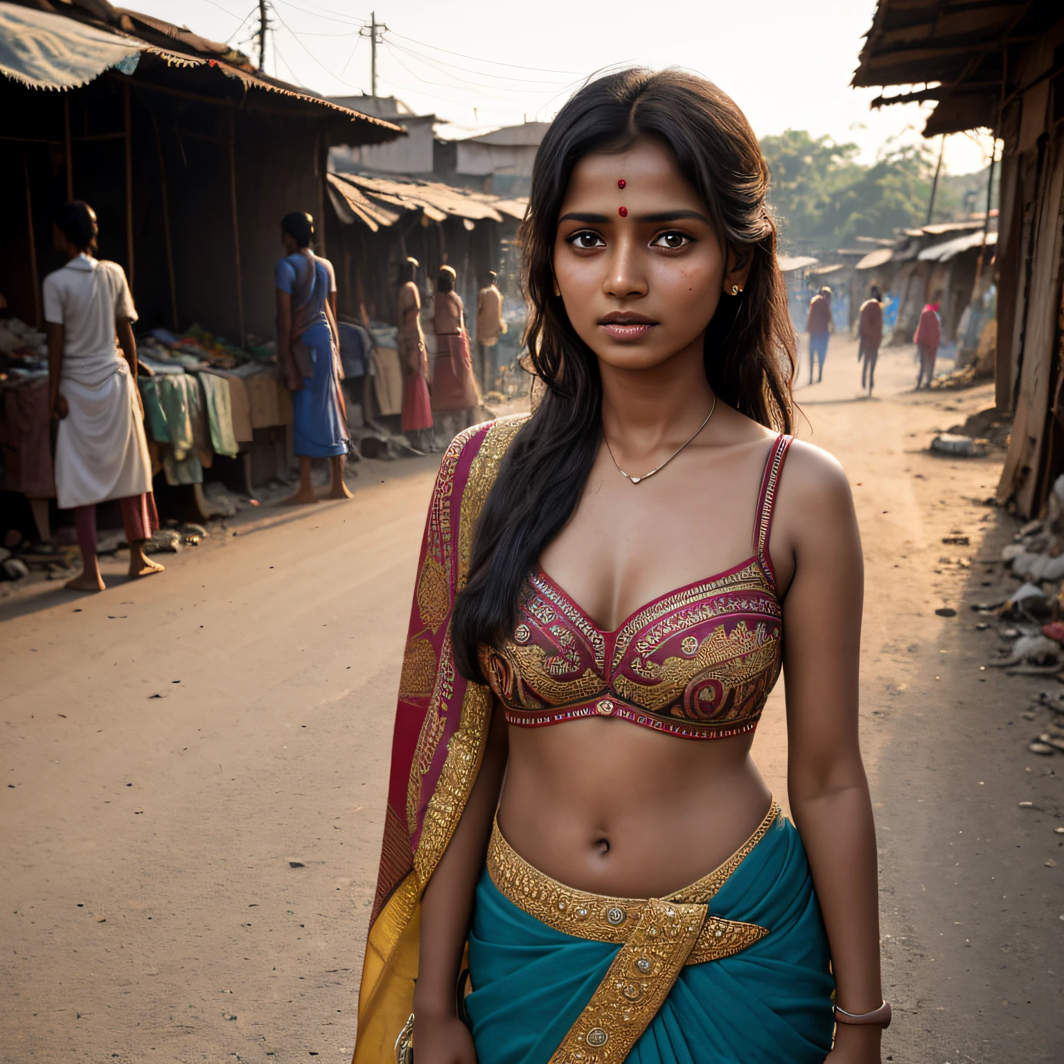 young Indian girl ugly , 18-year-old,  ugly dress, market , busy market ,poor girl surrounded by people begging ,  gentle sun lighting on face , firm boobs,  wearing low waist saree,  wide background,  full body photo, village , Ugly Slum, , village girl vibe, intricate facial details, full body picture,pose flawless complexion, top-notch 3D rendering, hyper-realistic, shot on Indian road. photorealistic digital art trending on Artstation 8k HD high definition detailed realistic, detailed, skin texture, hyper detailed, realistic skin high resolution, detailed, raw photo, 400 camera f1.6 lens rich colors hyper realistic lifelike texture