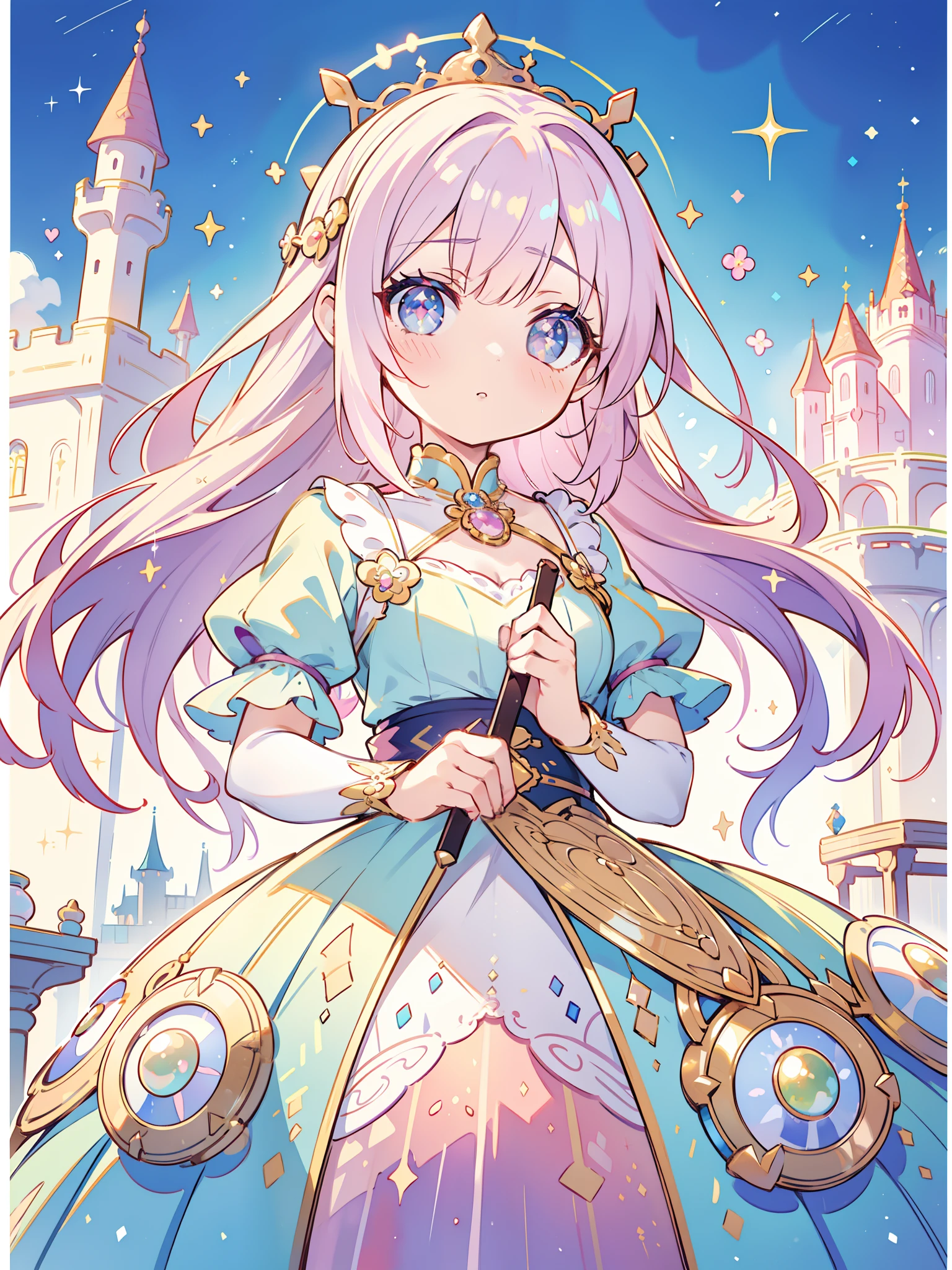 masutepiece, Best Quality, 8K resolution, Sharp Focus, intricate detailes, Beautiful Girl, Sparkling eyes, Golden Ratio Face, Otherworldly liquid, watercolor paiting, ((Pastel colors)), Bright colors, capricious, Colorful, Sharp Focus, High resolution, Fine detail, Princess Fantasy Ball Gown, ((Round eyes)), Iridescent bubbles, Castle landscape in the background