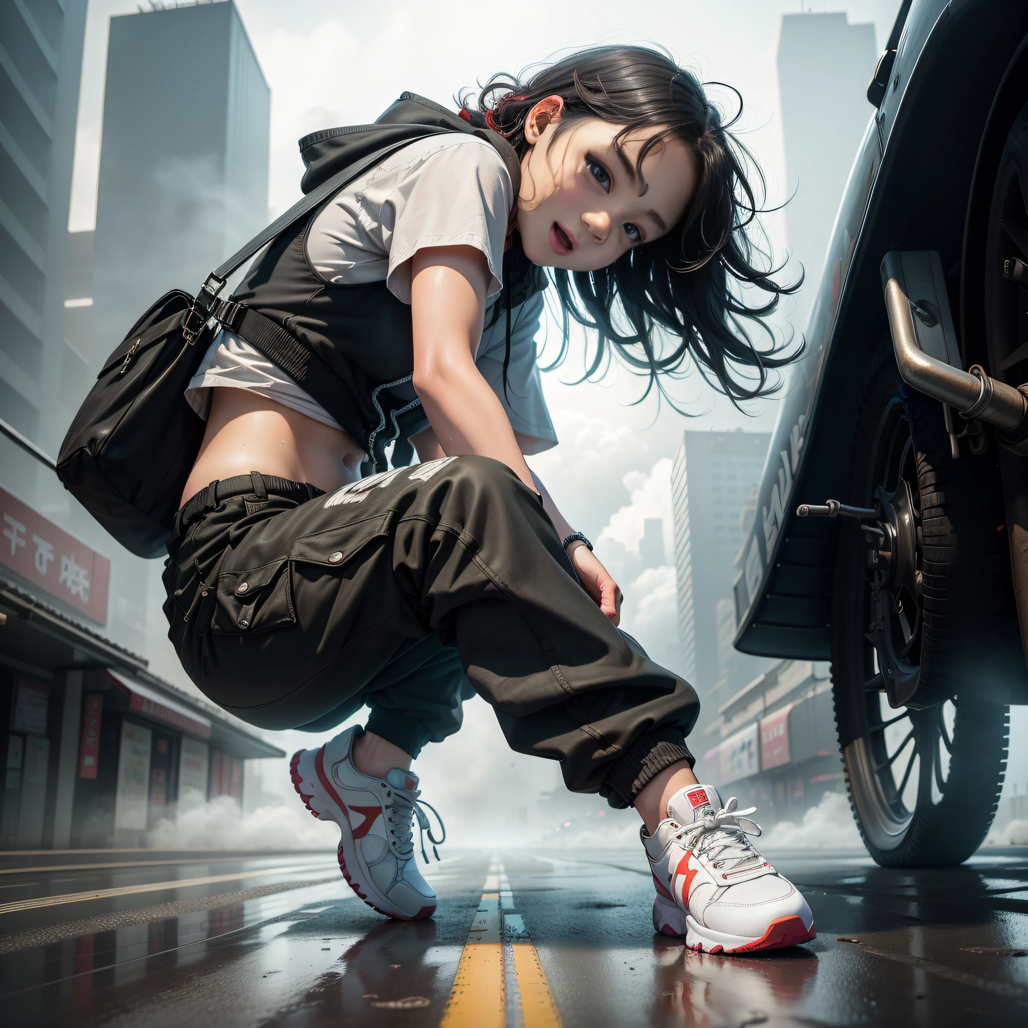 Dance、Artistic jump、break dance、Strenuous movements、vibrancy、Cyberpunk Style、Blade Runner vibe、Steam flows from exhaust outlets on the road surface、The road surface is wet、独奏、Fluttering hair、Cute Baby Turtle、Beautuful Women、a small face、white skinned、hason、young 、Bright smile、Half-open mouth、White teeth are visible、(Gradient of black-red hair、Long messy hair)、(cargo pants、vests、White sneakers)、(delicate detailed fingers、Detailed body、detailed arms、human hand)、(Detailed face) 、(8K、top-quality: 1.4、tmasterpiece、 hyper HD、 Top resolution,、The is very detailed、 profesional lighting、 Gray light illumination、low angle from below、Blow steam into the landscape、Fog in the landscape、Foggy、