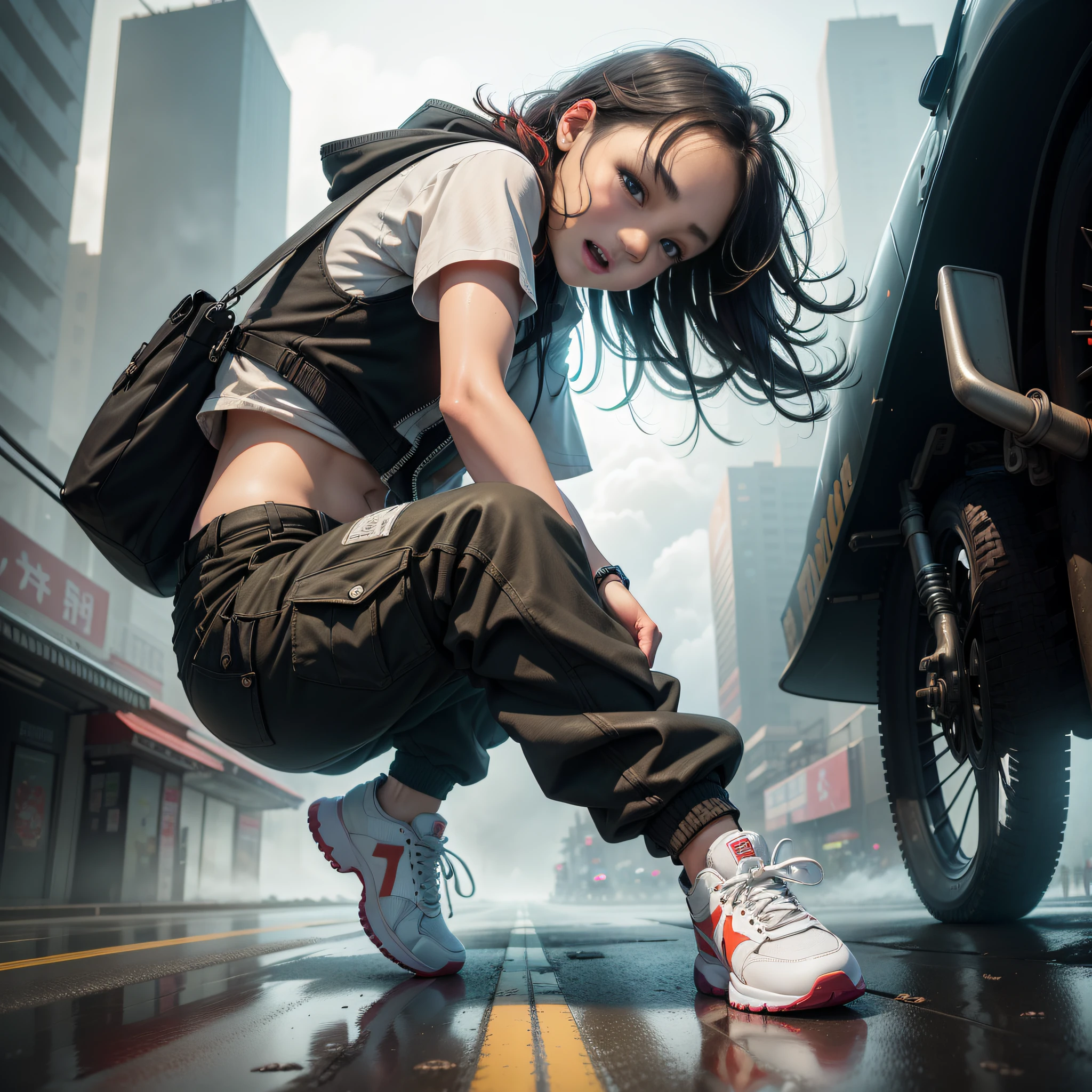 Dance、Artistic jump、break dance、Strenuous movements、vibrancy、Cyberpunk Style、Blade Runner vibe、Steam flows from exhaust outlets on the road surface、The road surface is wet、独奏、Fluttering hair、Cute Baby Turtle、Beautuful Women、a small face、white skinned、hason、young 17 years old、Bright smile、Half-open mouth、White teeth are visible、(Gradient of black-red hair、Long messy hair)、(cargo pants、vests、White sneakers)、(delicate detailed fingers、Detailed body、detailed arms、human hand)、(Detailed face) 、(8K、top-quality: 1.4、tmasterpiece、 hyper HD、 Top resolution,、The is very detailed、 profesional lighting、 Gray light illumination、low angle from below、Blow steam into the landscape、Fog in the landscape、Foggy、