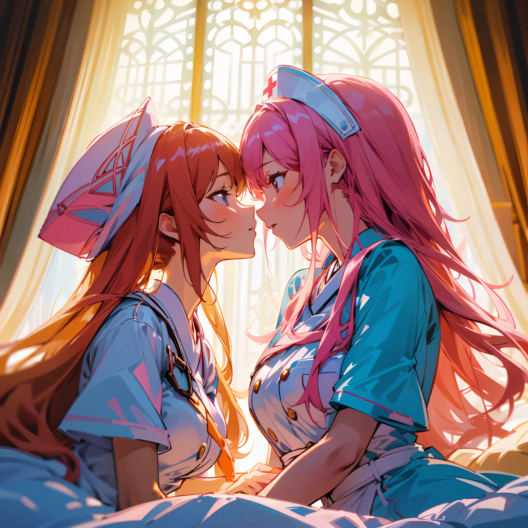 2girls,girl1:adolable,A pink-haired,Long whit hair,white stockings,robe blanche,Girl 2:adolable,A pink-haired,Long whit hair,white stockings,robe blanche。Kisses and hugs
