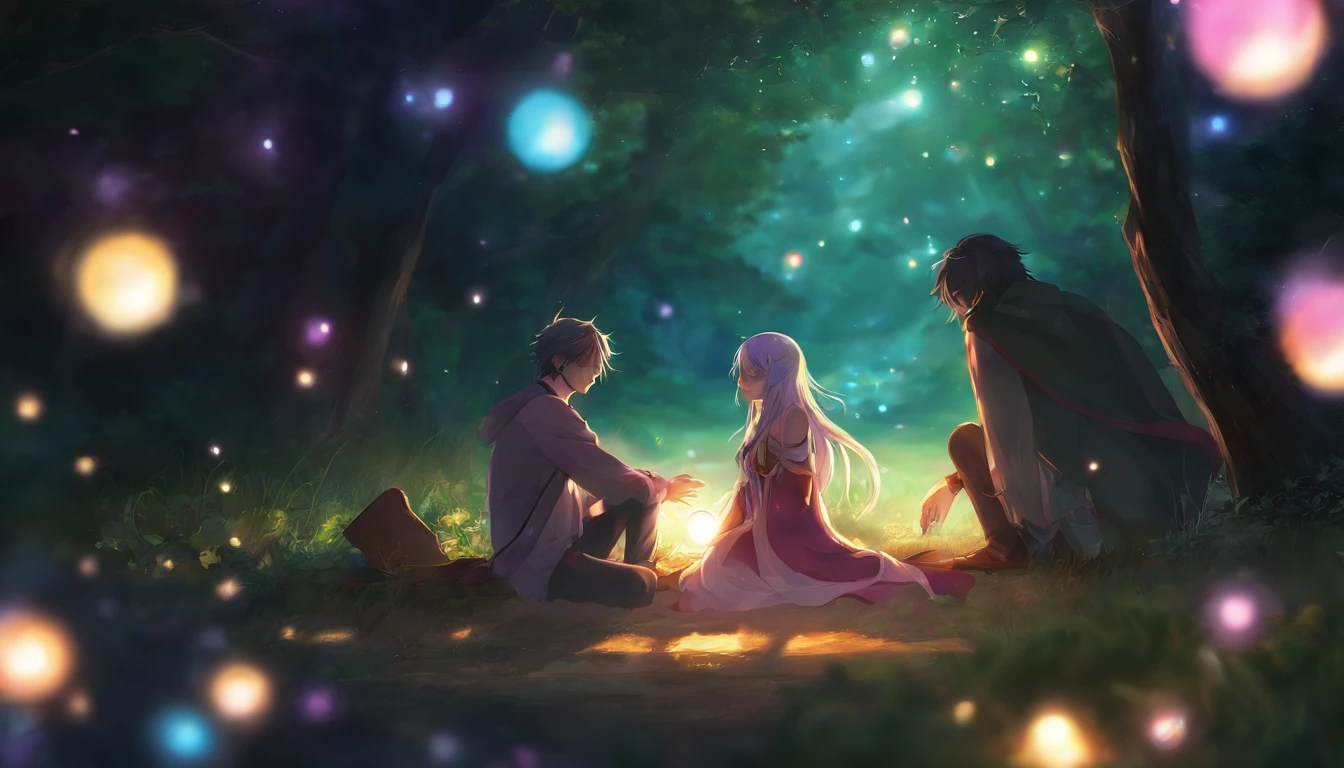 Anime couple sitting on the ground,With glowing spheres, no game no life, beautiful fantasy anime, anime in fantasy style, zerochan art, hd anime wallaper, Anime fantasy artwork, anime wallaper, ethereal anime, Beautiful anime, Anime fantasy illustration, Beautiful anime artwork, anime artsyle, Beautiful anime art, pixiv contest winner, Digital art on Pixiv