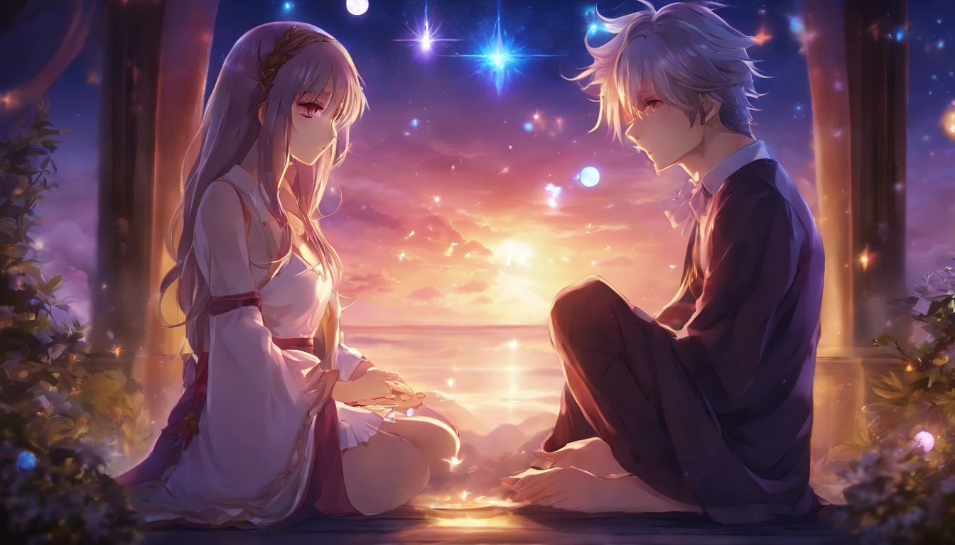 Anime couple sitting on the ground,With glowing spheres, no game no life, beautiful fantasy anime, anime in fantasy style, zerochan art, hd anime wallaper, Anime fantasy artwork, anime wallaper, ethereal anime, Beautiful anime, Anime fantasy illustration, Beautiful anime artwork, anime artsyle, Beautiful anime art, pixiv contest winner, Digital art on Pixiv