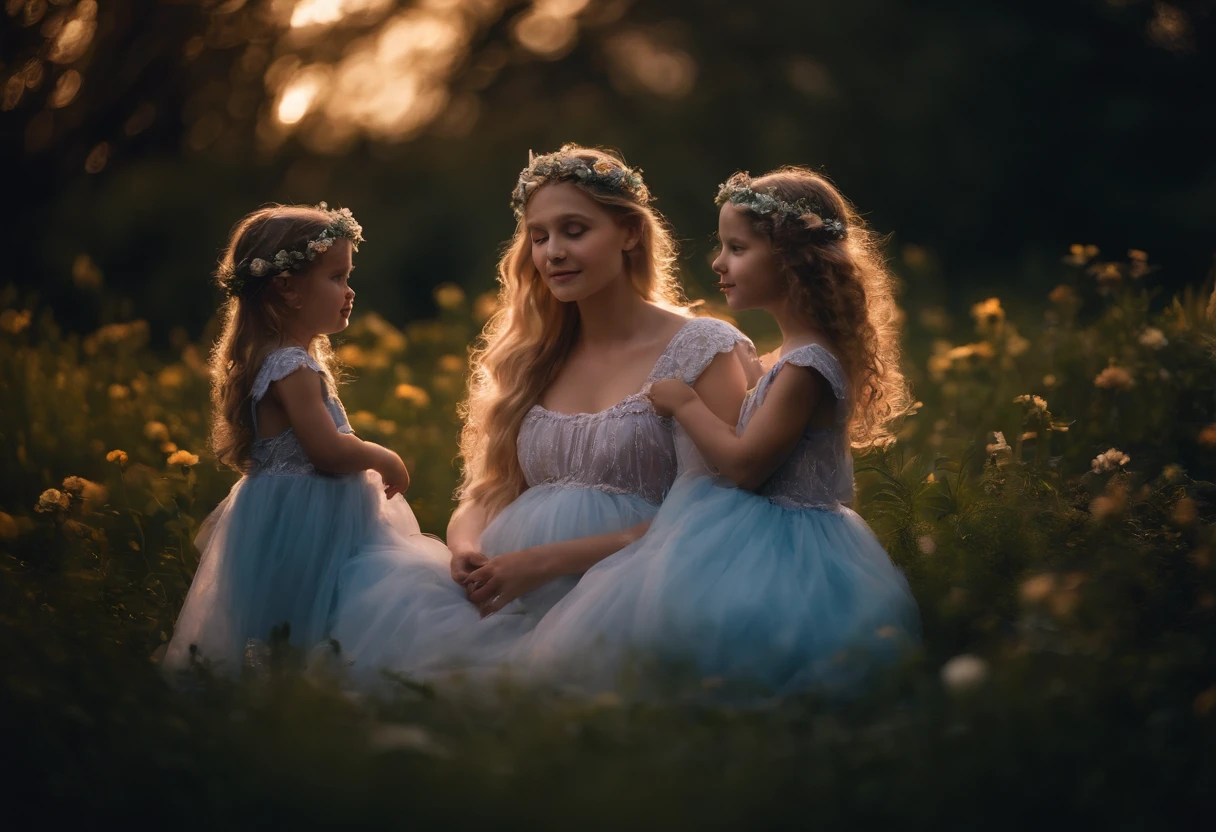 PREGNANT MOTHER AND TWO S DRESSED AS FAIRIES, NIGHTTIME, FLOWERS, NATURE, MOONLIGHT, 8K, intricate details, HDR, beautifully shot, realistic, sharp focus, 64 megapixels, perfect composition, high contrast, cinematic, 8K, GOLDEN HAIR, CAUCASIAN, BLUE EYES