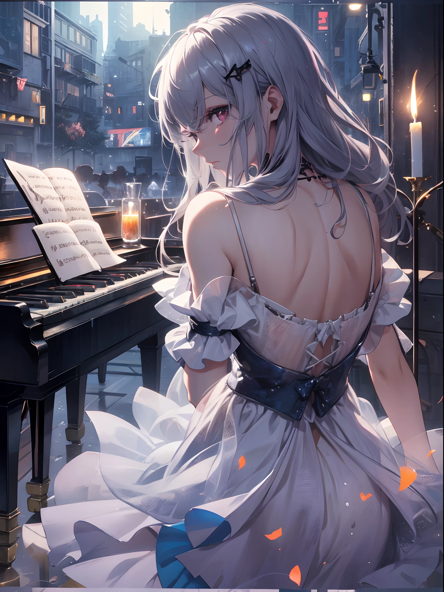 masterpiece,(bestquality),highlydetailed,ultra-detailed,(dark),(intense shadows),(at the castle),(rainy night in a cyberpunk city with glowing neon lights),(piano),(player),(solo),(elegant),(long black gown),(reflection on the piano),(soft candlelight),(melancholic),(gentle touch),(flowing music notes),(emotional),(fingers gliding on the keys),cold, solo, (1gil),  detailedeyes,(lighteyes: 0.8)