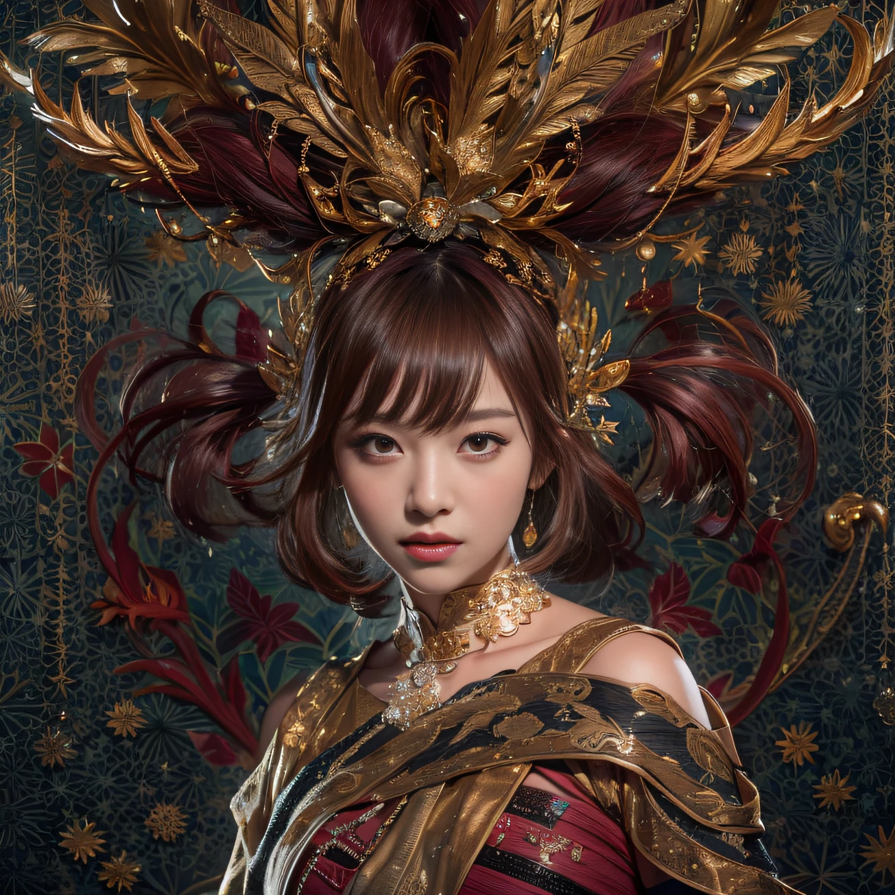32K gradient glass texture(tmasterpiece,k hd,hyper HD,32K)Short burgundy hair,Short flowing hair,Onsen District,Flame Girl ,Yao Lang protector (realisticlying:1.4),Python pattern robe,Black gold master Kawashima work headdress,Snowflakes fluttering,The background is pure,Hold your head high,Be proud,The nostrils look at people, A high resolution, the detail, RAW photogr, Sharp Re, Nikon D850 Film Stock Photo by Jefferies Lee 4 Kodak Portra 400 Camera F1.6 shots, Rich colors, ultra-realistic vivid textures, Dramatic lighting, Unreal Engine Art Station Trend, cinestir 800,Hold your head high,Be proud,The nostrils look at people,Short burgundy hair
