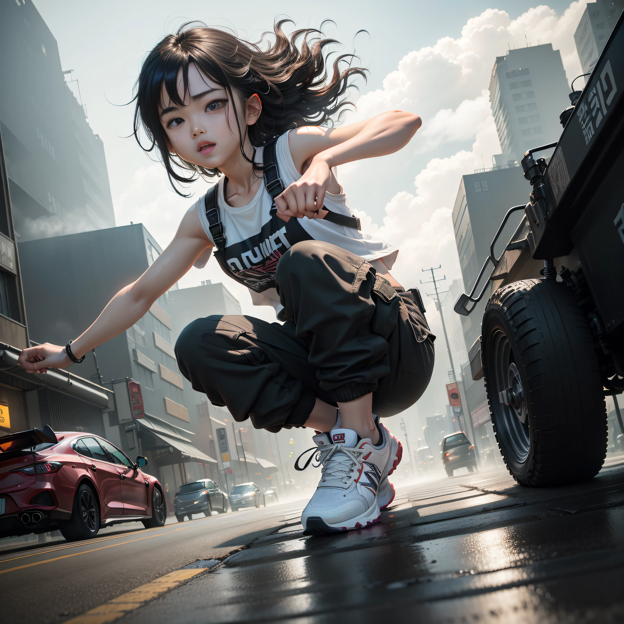 Dance、Artistic jump、break dance、Strenuous movements、vibrancy、Cyberpunk Style、Blade Runner vibe、Steam flows from exhaust outlets on the road surface、The road surface is wet、独奏、Fluttering hair、Cute Turtle、Beautuful Women、a small face、white skinned、hason、young 17 yght smile、Half-open mouth、White teeth are visible、(Gradient of black-red hair、Long messy hair)、(cargo pants、vests、White sneakers)、(delicate detailed fingers、Detailed body、detailed arms、human hand)、(Detailed face) 、(8K、top-quality: 1.4、tmasterpiece、 hyper HD、 Top resolution,、The is very detailed、 profesional lighting、 Gray light illumination、low angle from below、Blow steam into the landscape、Fog in the landscape、Foggy、