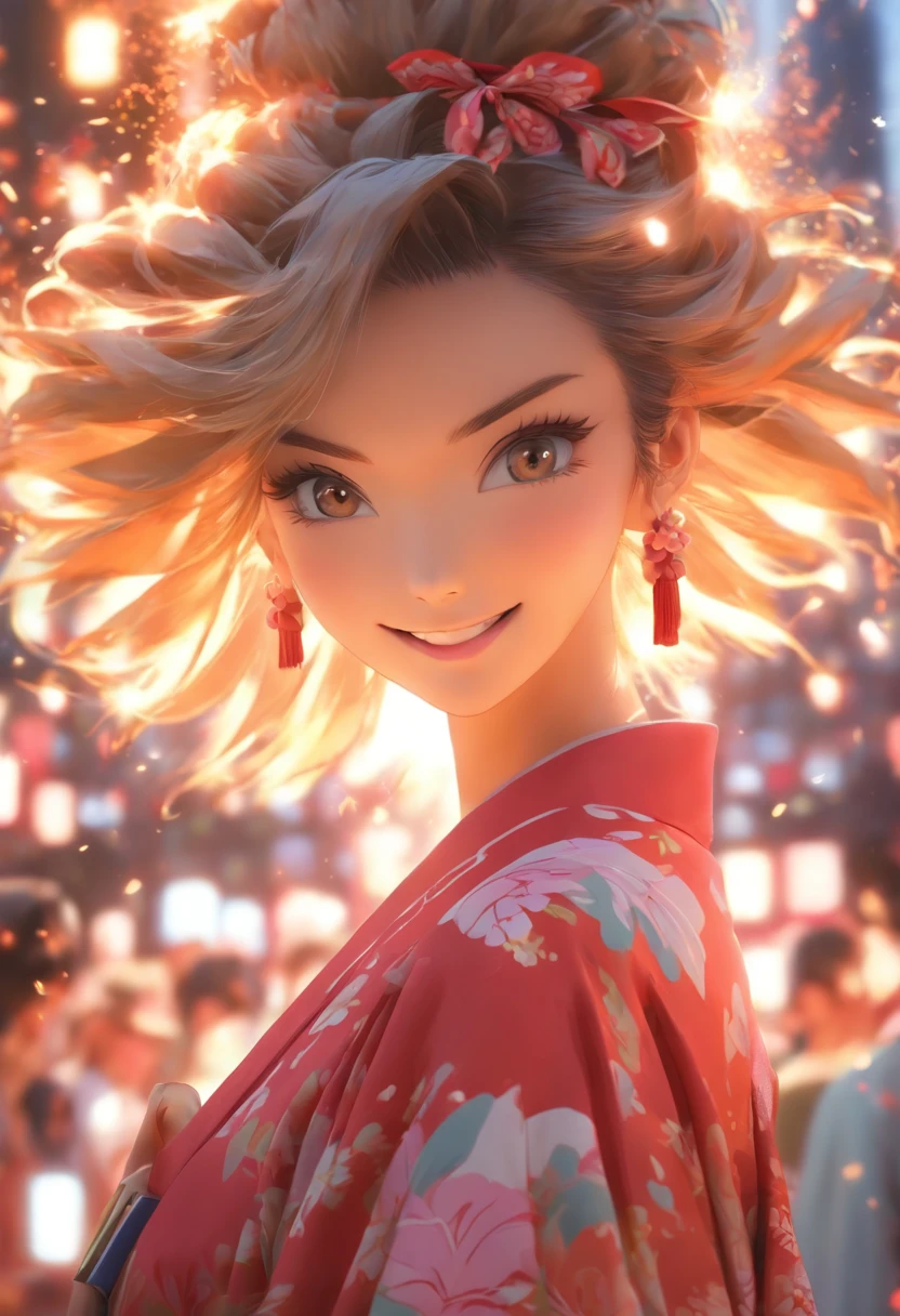 (((top quality, 8k, masterpiece))), crisp focus, (beautiful woman with perfect figure), slender, (hairstyle: up)), ((kimono: Kara)), street: 1.2 Highly detailed face and skin texture Detailed eyes Double eyelids random posture, (smile),super cute Japan person,super beauty Japanese girl, realistic face, double eyelid,smile,summer festival , at sunset ,fire-works back-ground.