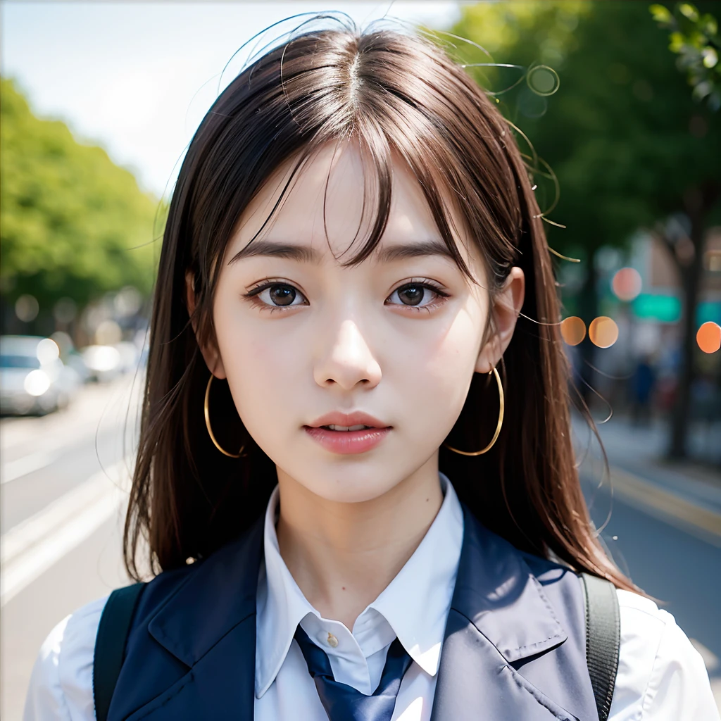 ulzzang -6500-v1.1, (Raw foto:1.2), (Photorealsitic:1.4), a beautiful detailed girl, extremely detailed eye and face, Oversized smile,beatiful detailed eyes, Ridiculous, Frontal Face,head shot, Front view, unbelievable Ridiculous, huge filesize, ultra-detailliert, hight resolution, ighly detailed, top-quality, masterpiece, Kemomimi, ((Japanese girls' high school uniform)), illustratio, ighly detailed, nffsw, unification, 8k wallpaper, magnifica, finely detail, masterpiece, top-quality, Highly detailed ticker uniform 8K wallpaper, Light on the Face、电影灯光、16yo girl,In the city