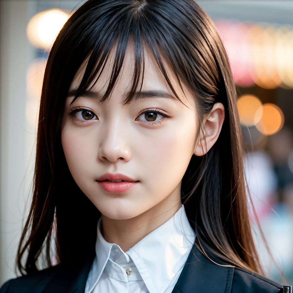 ulzzang -6500-v1.1, (Raw foto:1.2), (Photorealsitic:1.4), a beautiful detailed girl, extremely detailed eye and face, Oversized smile,beatiful detailed eyes, Ridiculous, Frontal Face,head shot, Front view, unbelievable Ridiculous, huge filesize, ultra-detailliert, hight resolution, ighly detailed, top-quality, ​masterpiece, Kemomimi, ((Japanese girls' high school uniform)), illustratio, ighly detailed, nffsw, unification, 8k wallpaper, magnifica, finely detail, ​masterpiece, top-quality, Highly detailed ticker uniform 8K wallpaper, Light on the Face、电影灯光、16yo girl,In the city