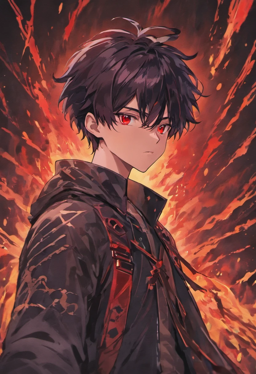 A man 16 years old with black hair and red eyes with sword with dark aura