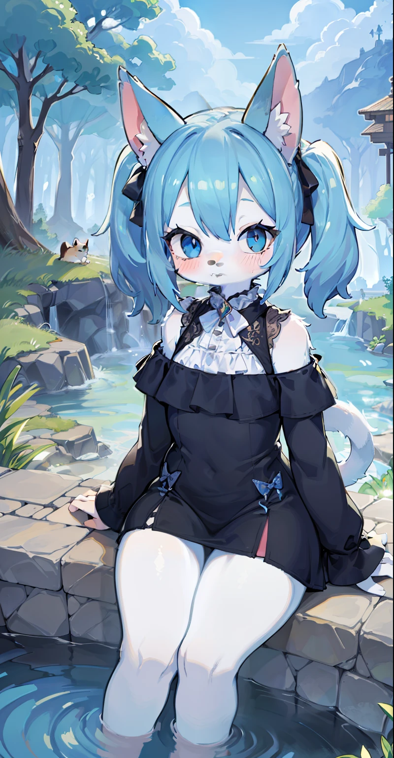 ((masterpiece, best quality)), furry, animal ears, tail, bodyfur, (ultra-detailed), (illustration), (ultra highres), (delicate illustration), (hyper-detailed),1girl, blue_dress, blue_eyes, blue_hair, blush, dressed, long_sleeves, outdoors, pond, short_hair, sitting, soaking_feet, soil, twintails, two_side_up, water