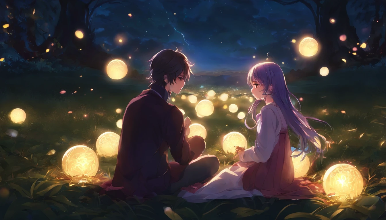Anime couple sitting on the ground,There are glowing spheres,There are mooncakes, no game no life, beautiful fantasy anime, anime in fantasy style, zerochan art, hd anime wallaper, Anime fantasy artwork, anime wallaper, ethereal anime, Beautiful anime, Anime fantasy illustration, Beautiful anime artwork, anime artsyle, Beautiful anime art, pixiv contest winner, Digital art on Pixiv