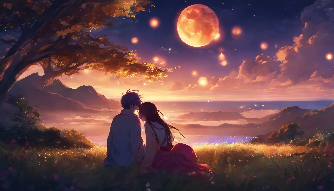 Anime couple sitting on the ground，There are glowing spheres,There are mooncakes， no game no life, beautiful fantasy anime, anime in fantasy style, zerochan art, hd anime wallaper, Anime fantasy artwork, anime wallaper, ethereal anime, Beautiful anime, Anime fantasy illustration, Beautiful anime artwork, anime artsyle, Beautiful anime art, pixiv contest winner, Digital art on Pixiv