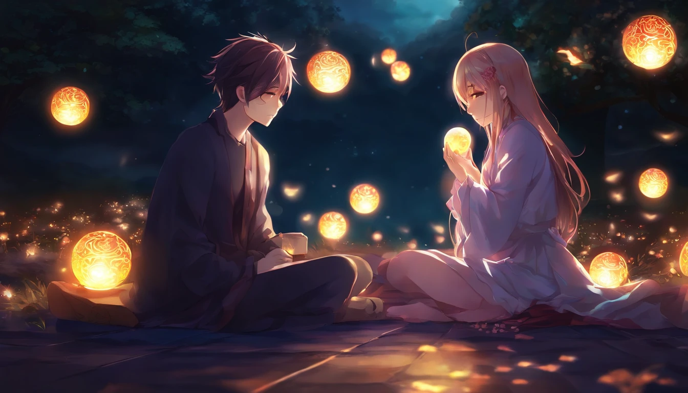 Anime couple sitting on the ground，There are glowing spheres,There are mooncakes， no game no life, beautiful fantasy anime, anime in fantasy style, zerochan art, hd anime wallaper, Anime fantasy artwork, anime wallaper, ethereal anime, Beautiful anime, Anime fantasy illustration, Beautiful anime artwork, anime artsyle, Beautiful anime art, pixiv contest winner, Digital art on Pixiv