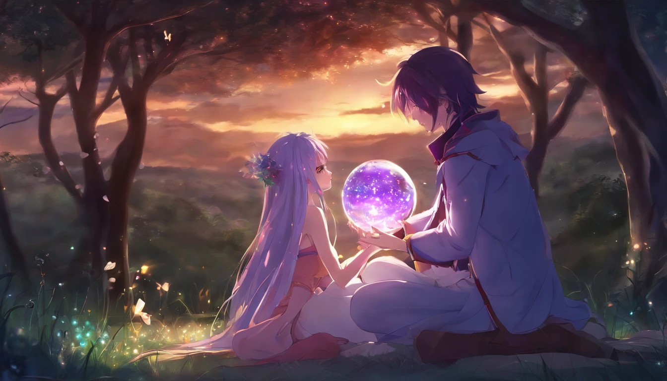 Anime couple sitting on the ground,With glowing spheres, no game no life, beautiful fantasy anime, anime in fantasy style, zerochan art, hd anime wallaper, Anime fantasy artwork, anime wallaper, ethereal anime, Beautiful anime, Anime fantasy illustration, Beautiful anime artwork, anime artsyle, Beautiful anime art, pixiv contest winner, Digital art on Pixiv