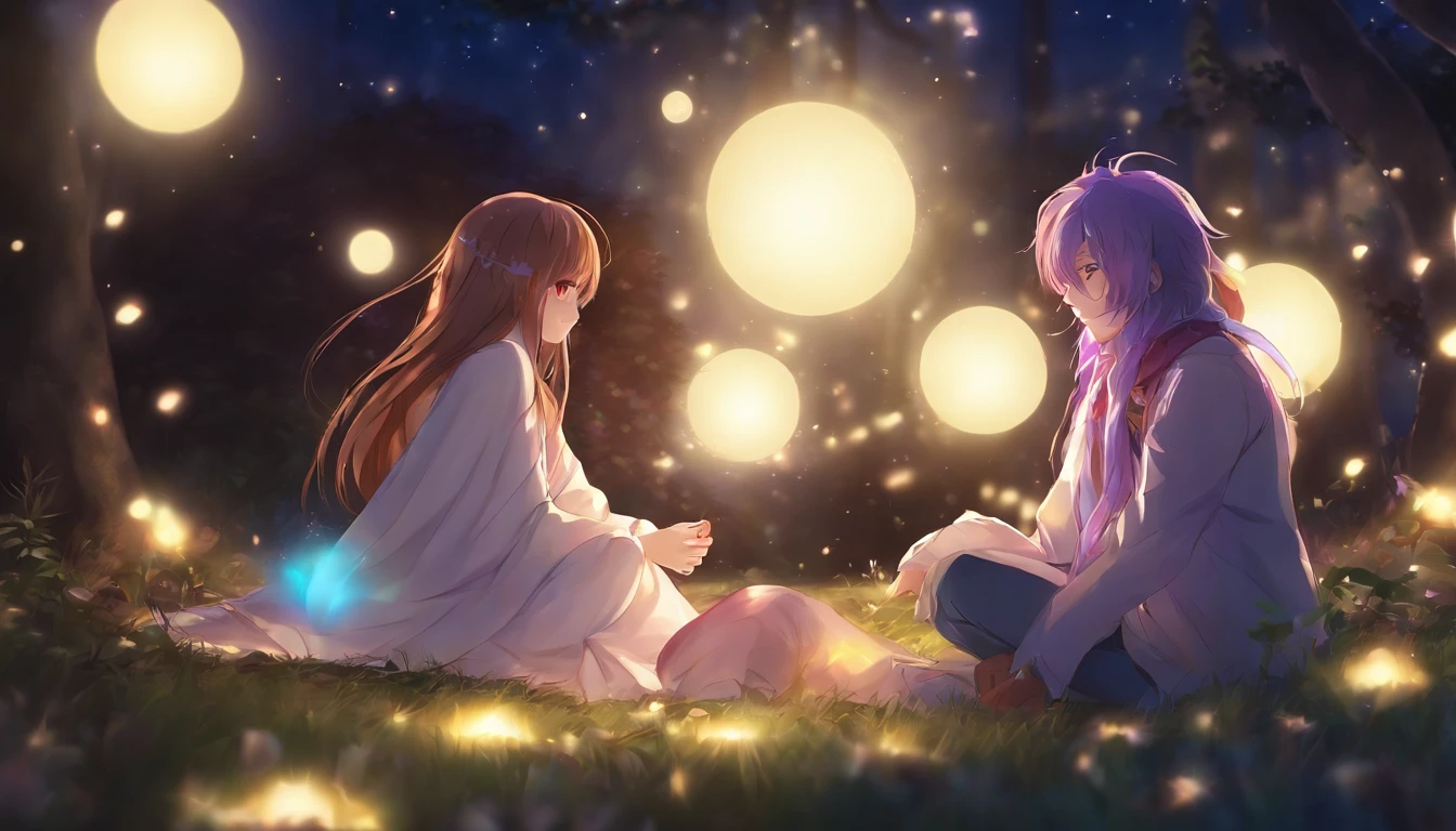 Anime couple sitting on the ground，With glowing spheres, no game no life, beautiful fantasy anime, anime in fantasy style, zerochan art, hd anime wallaper, Anime fantasy artwork, anime wallaper, ethereal anime, Beautiful anime, Anime fantasy illustration, Beautiful anime artwork, anime artsyle, Beautiful anime art, pixiv contest winner, Digital art on Pixiv