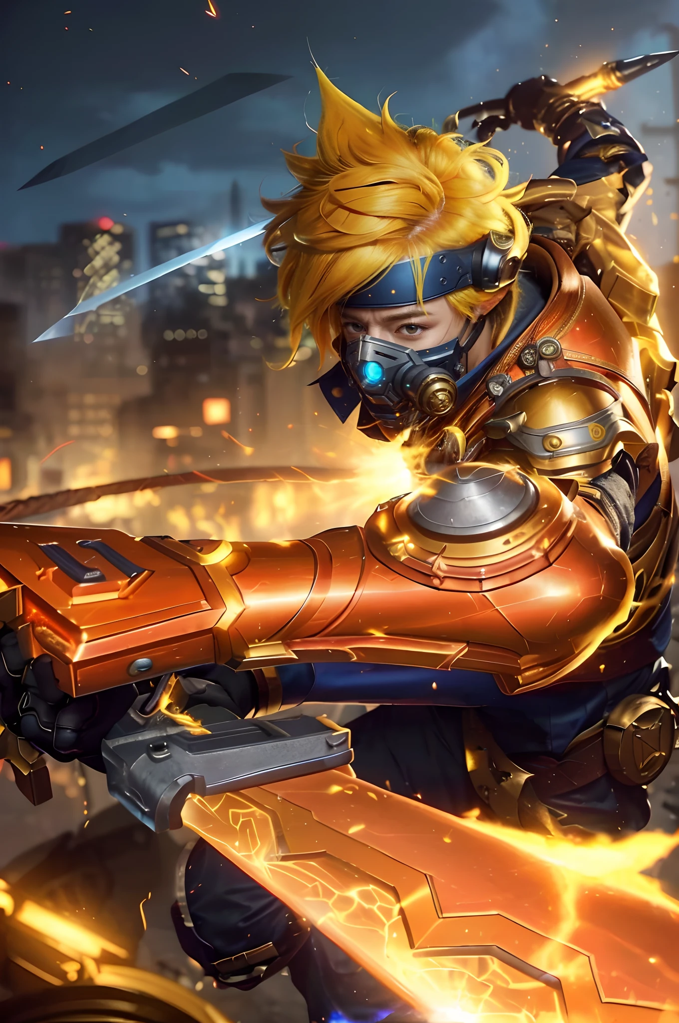 a close up of a boy with a steampunk mask on, steampunk city background, realistic metal suit, ezreal (league of legends, realism art, mobile legends, riot game, style league of legends, inspired by Li Shida, fighting game character, tracer, league of legends character, gold paladin, wukong, wild rift, yellow and navy color, glow particle, yellow hair color, realistic suit, sword, realistic sword, realism masterpiece, lighting, strong realistic texture
