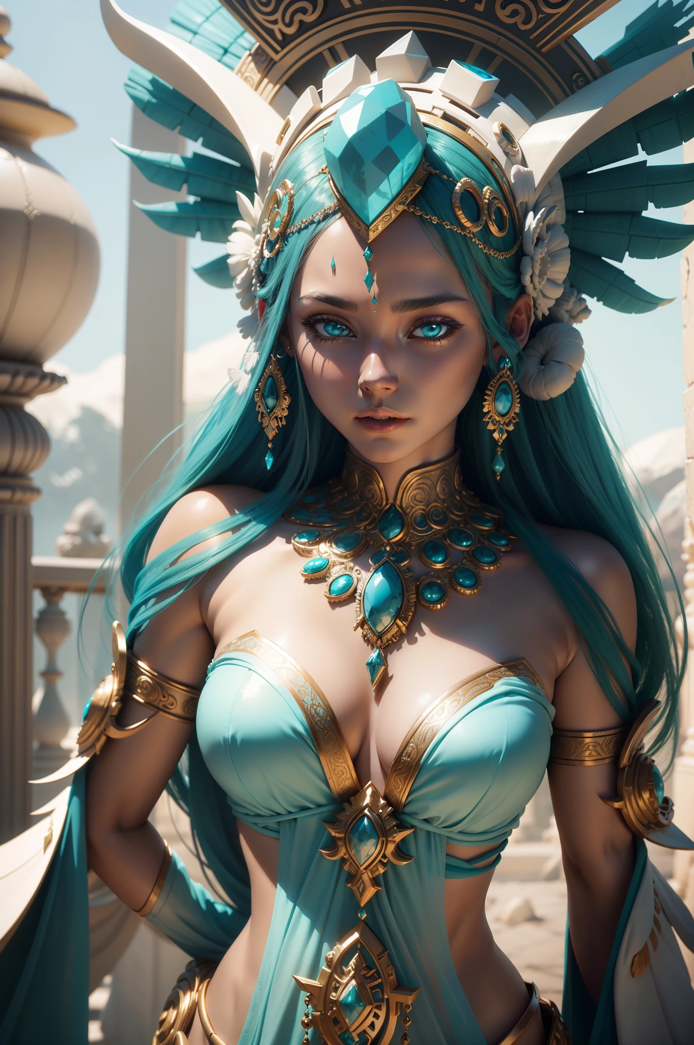 Stunning photo of an alien goddess, Ivory headdress, Turquoise gemstones, 3D Rendering, Octane Render, intricately-detailed, Filigree decorative headdress, Cinematic