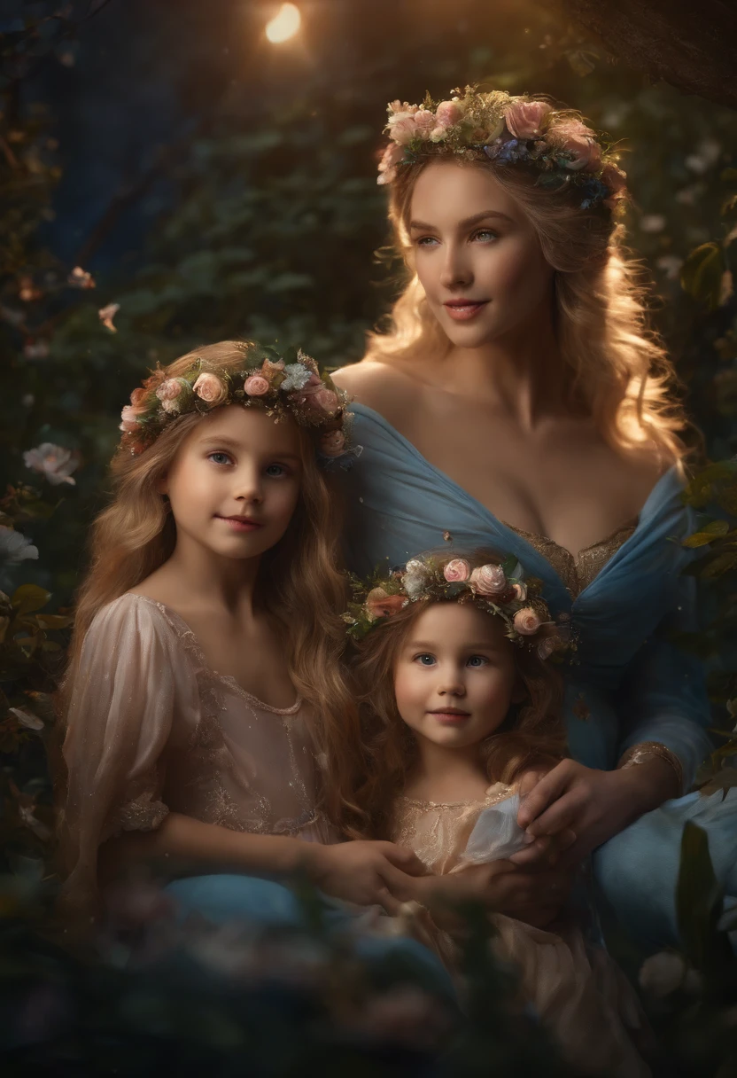 PREGNANT MOTHER AND TWO S DRESSED AS FAIRIES, NIGHTTIME, FLOWERS, NATURE, MOONLIGHT, 8K, detailed matte painting, deep color, fantastical, intricate detail, splash screen, complementary colors, fantasy concept art, 8k resolution trending on Artstation Unreal Engine 5", GOLDEN HAIR, CAUCASIAN, BLUE EYES, Italy