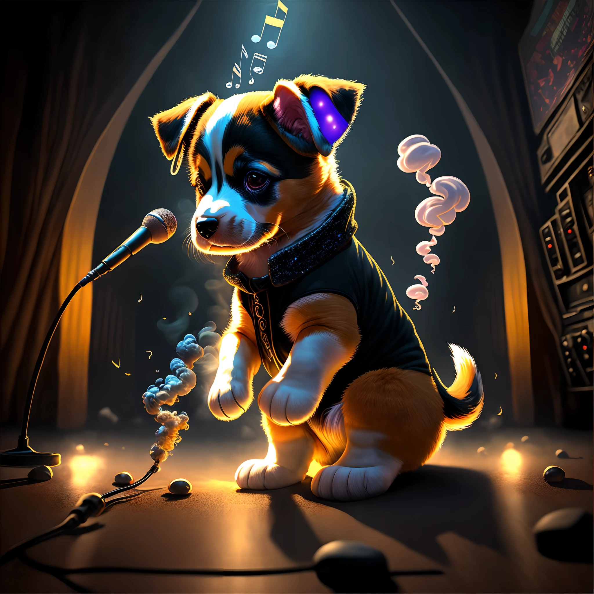 ，Masterpiece, Best quality，8K, 超高分辨率，（Anthropomorphic image），In the middle of the night，The music begins，A puppy in a rock costume dancing on a DJ stage。He wears a pair of headphones on both ears，Press the music controller with one hand，The other hand waved the microphone，Like a musical genius。The audience is immersed in his voice and music，Swing your body to follow his rhythm。 Rich dark fantasy elements and a sense of shock throughout the picture，It's both mysterious and fascinating。The lights and smoke in the scene are intertwined，Hit with amazing results。The puppy's feet step on the glowing floor，Add more sci-fi elements to this musical feast that travels through time。 The anthropomorphic portrayal of the puppy in the picture is very nuanced，From his hairstyle to his clothes，Then go to the stage to express，All embody the art style and unique visual effects。This is a vibrant and energetic rock comic book picture。