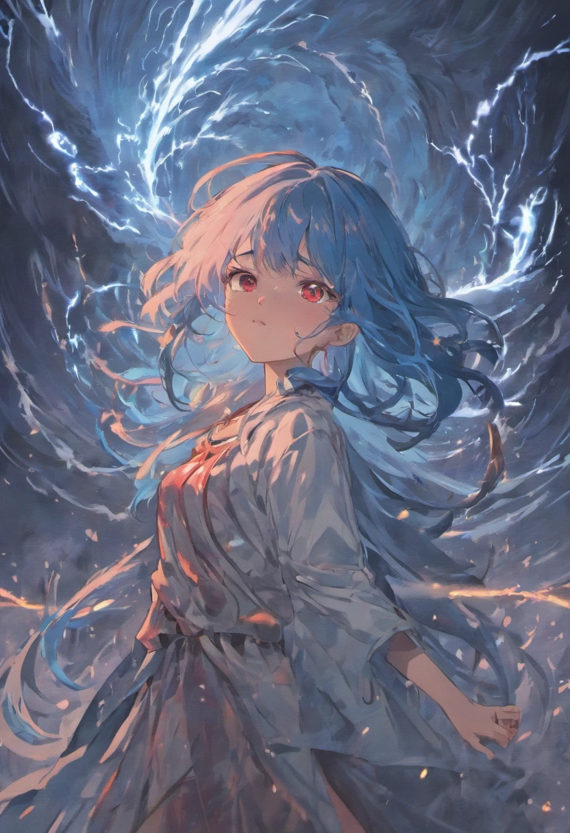 Beutiful girl with blue hair red eyes beutiful face 16 years old with a tornado behind her