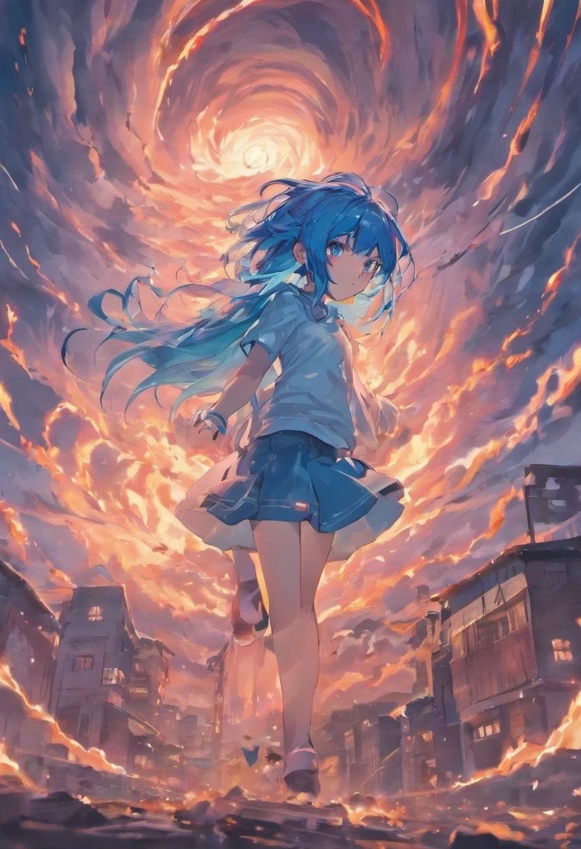 Beutiful girl with blue hair red eyes beutiful face 16 years old with a tornado behind her