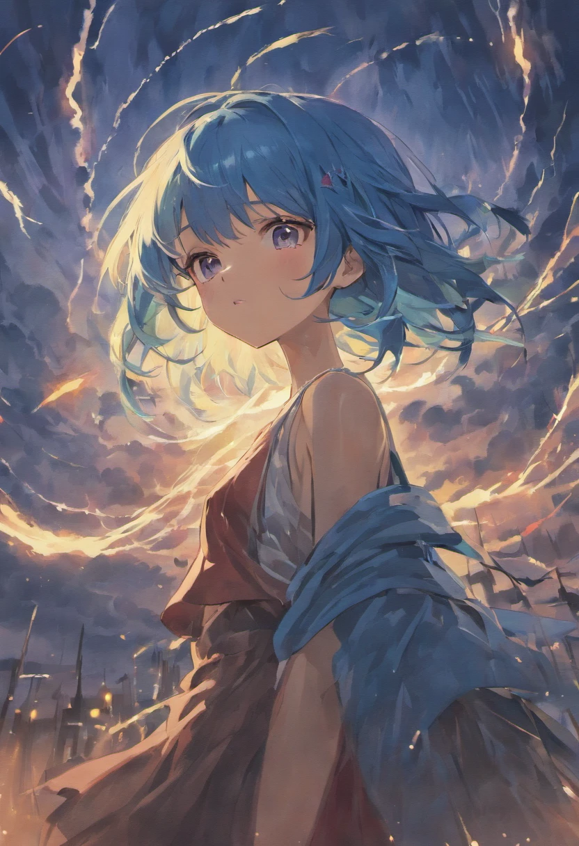 Beutiful girl with blue hair red eyes beutiful face 16 years old with a tornado behind her