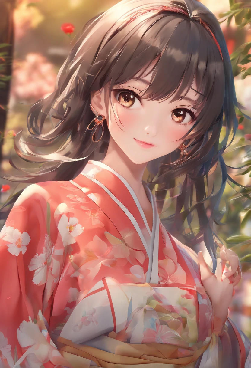 (((top quality, 8k, masterpiece))), crisp focus, (beautiful woman with perfect figure), slender, (hairstyle: up)), ((kimono: Kara)), street: 1.2 Highly detailed face and skin texture Detailed eyes Double eyelids random posture, (smile),super cute Japan person,super beauty Japanese girl, realistic face, double eyelid,smile,summer festival , at sunset ,fire-works back-ground.