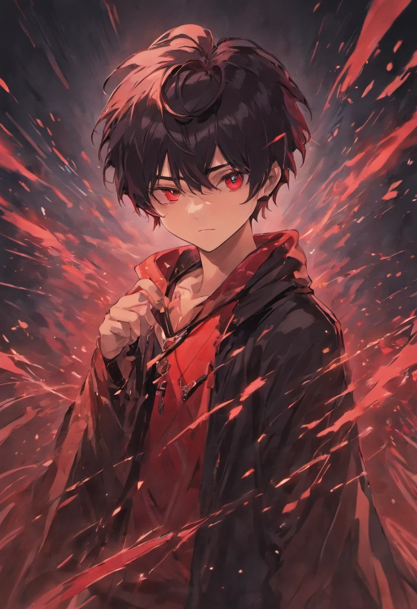 A man 16 years old with black hair and red eyes with black sword with dark aura