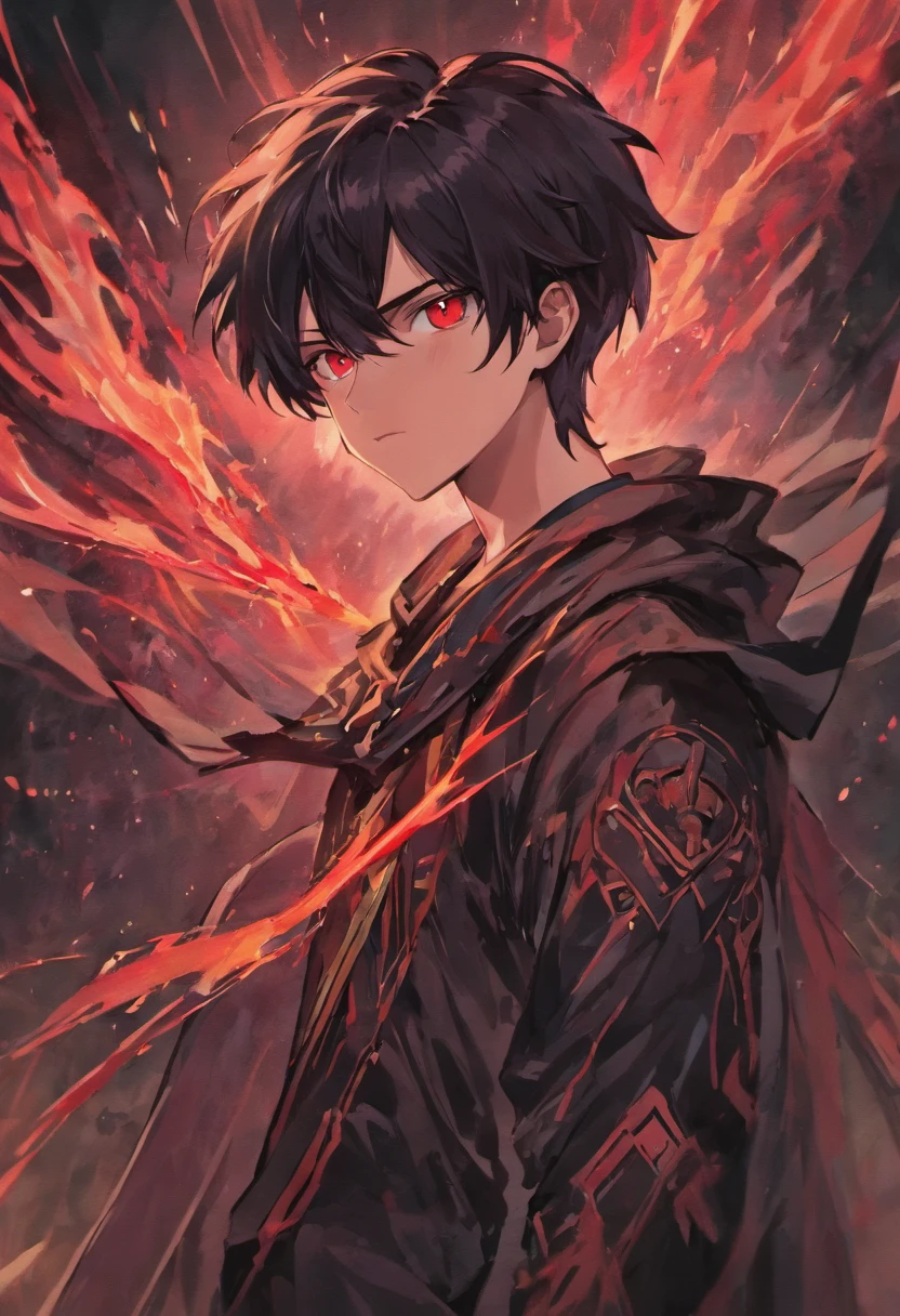 A man 16 years old with black hair and red eyes with black sword with dark aura