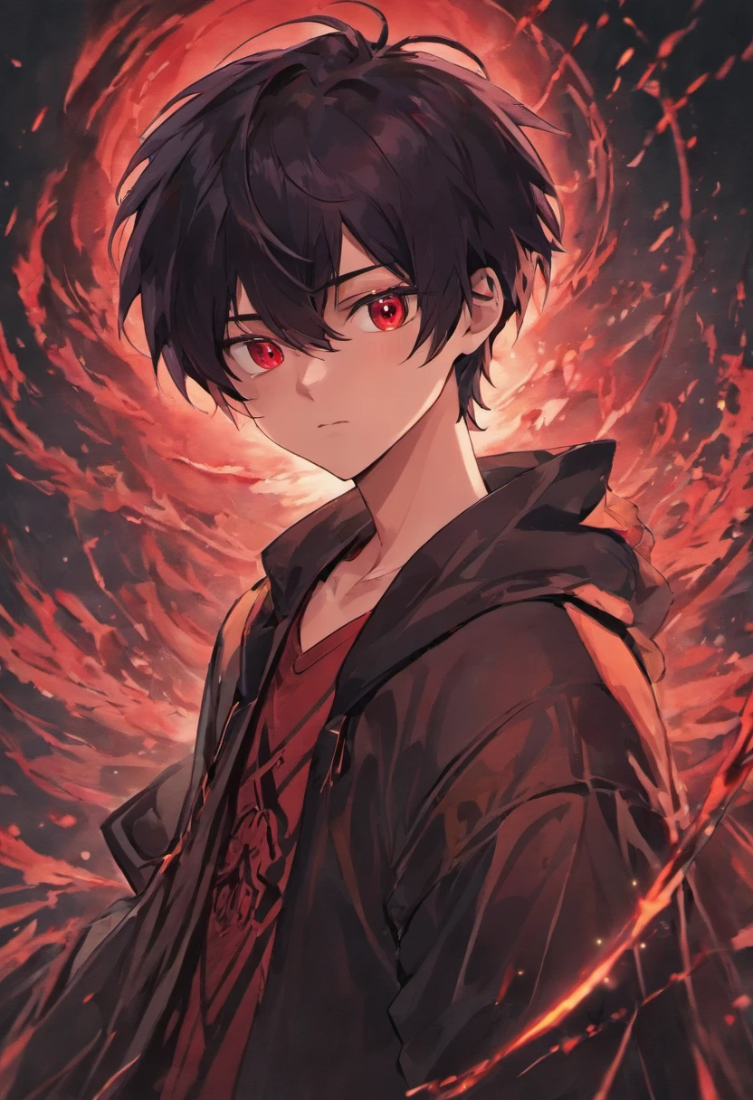 A man 16 years old with black hair and red eyes with black sword with dark aura