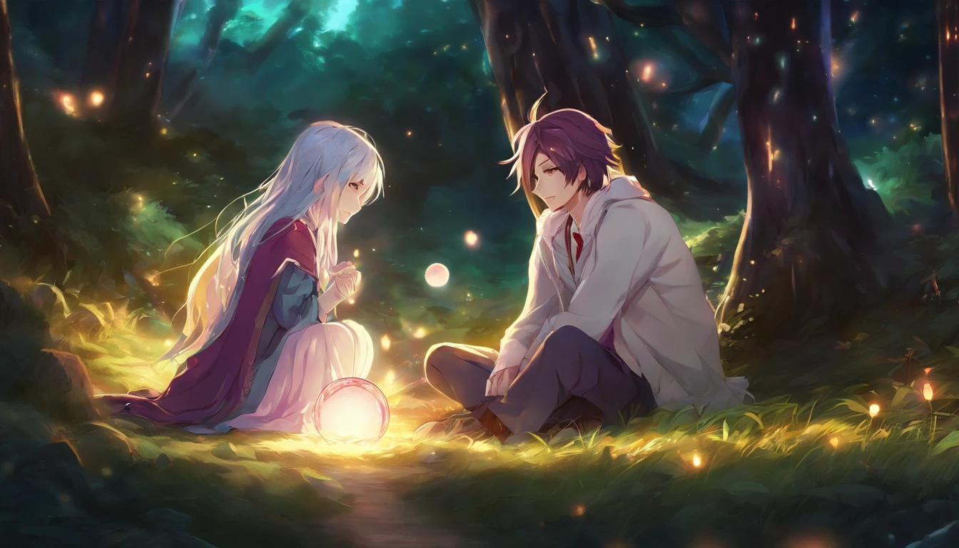 Anime couple sitting on the ground,With glowing spheres, no game no life, beautiful fantasy anime, anime in fantasy style, zerochan art, hd anime wallaper, Anime fantasy artwork, anime wallaper, ethereal anime, Beautiful anime, Anime fantasy illustration, Beautiful anime artwork, anime artsyle, Beautiful anime art, pixiv contest winner, Digital art on Pixiv