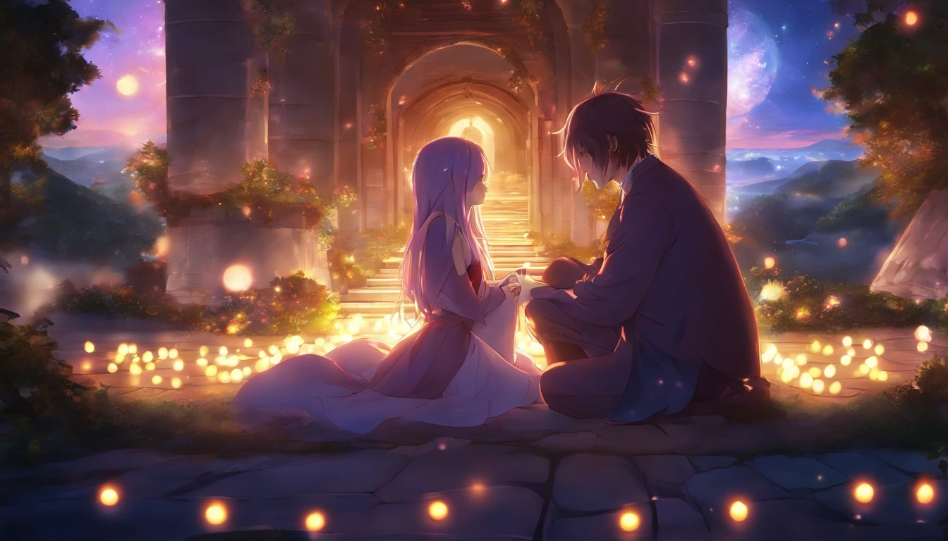 Anime couple sitting on the ground,With glowing spheres, no game no life, beautiful fantasy anime, anime in fantasy style, zerochan art, hd anime wallaper, Anime fantasy artwork, anime wallaper, ethereal anime, Beautiful anime, Anime fantasy illustration, Beautiful anime artwork, anime artsyle, Beautiful anime art, pixiv contest winner, Digital art on Pixiv