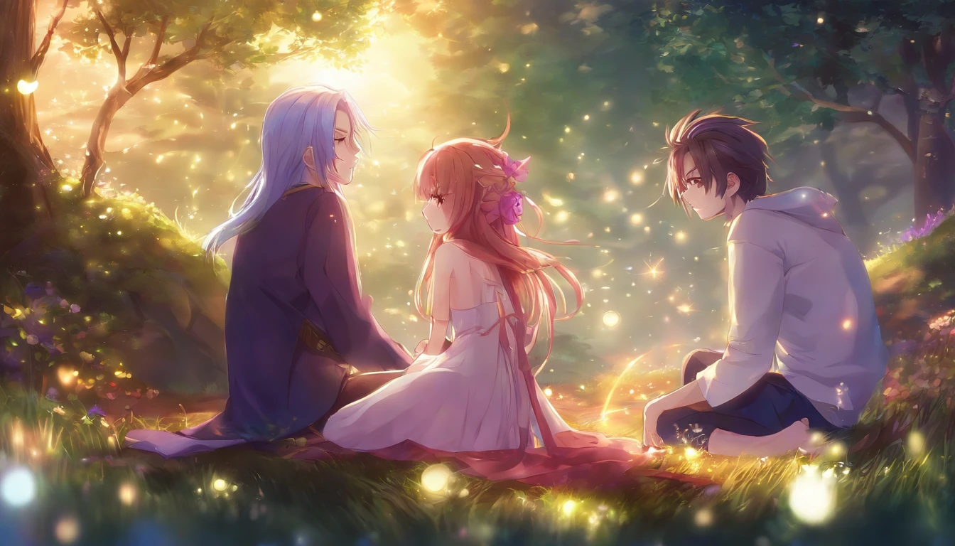 Anime couple sitting on the ground,With glowing spheres, no game no life, beautiful fantasy anime, anime in fantasy style, zerochan art, hd anime wallaper, Anime fantasy artwork, anime wallaper, ethereal anime, Beautiful anime, Anime fantasy illustration, Beautiful anime artwork, anime artsyle, Beautiful anime art, pixiv contest winner, Digital art on Pixiv