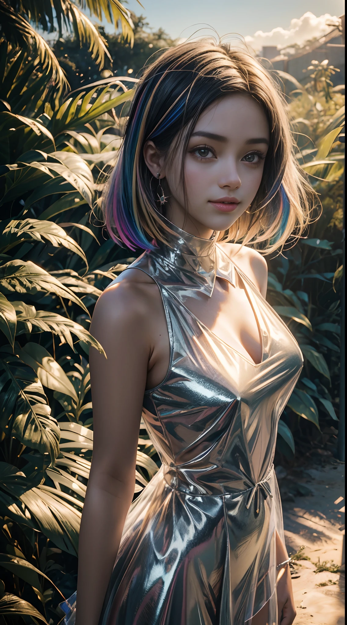 ((1 )), short hairwith colorful rainbow fringe (nsfw: 1.2), aberto,,ombros expostos,Sharp exposed breasts, roupas abertas, roupas seguradas, rasgadas, ponta do peito exposta, (papel de parede CG Unity 8k muito detalhado), (obra-prima), (melhor qualidade), (super detalhado), (best illustration), (melhor sombra), (realista), (PureErosFace_V1:0.5), lens flare, (profundidade de campo), (natural lightting), ultra-highresolution, (detalhe dos olhos), sorriso encantador, (morena) , ((vestido de noite transparente))), (peito exposto), 18 anos,