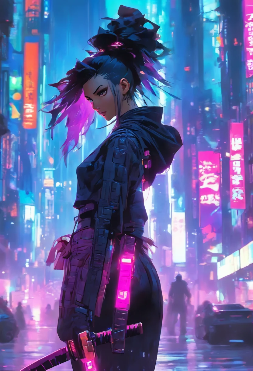 Beautiful woman, anti hero wearing black and purple uniform, laser katana sword in hand, white skin, long black hair, portrait, Jeff Bridges, ((cartoon style)), Marvel Cinematic Universe style, (((cyberpunk city in the background))), soft bokeh of futuristic city, Atey Ghailan, Jeremy Mann, Greg Manchess, Antonio Moro, trend in ArtStation, trend in CGSociety, Intricate, High Detail,  Sharp focus, dramatic and photorealistic painting art by Midjourney and Greg Rutkowski, bokeh in the background