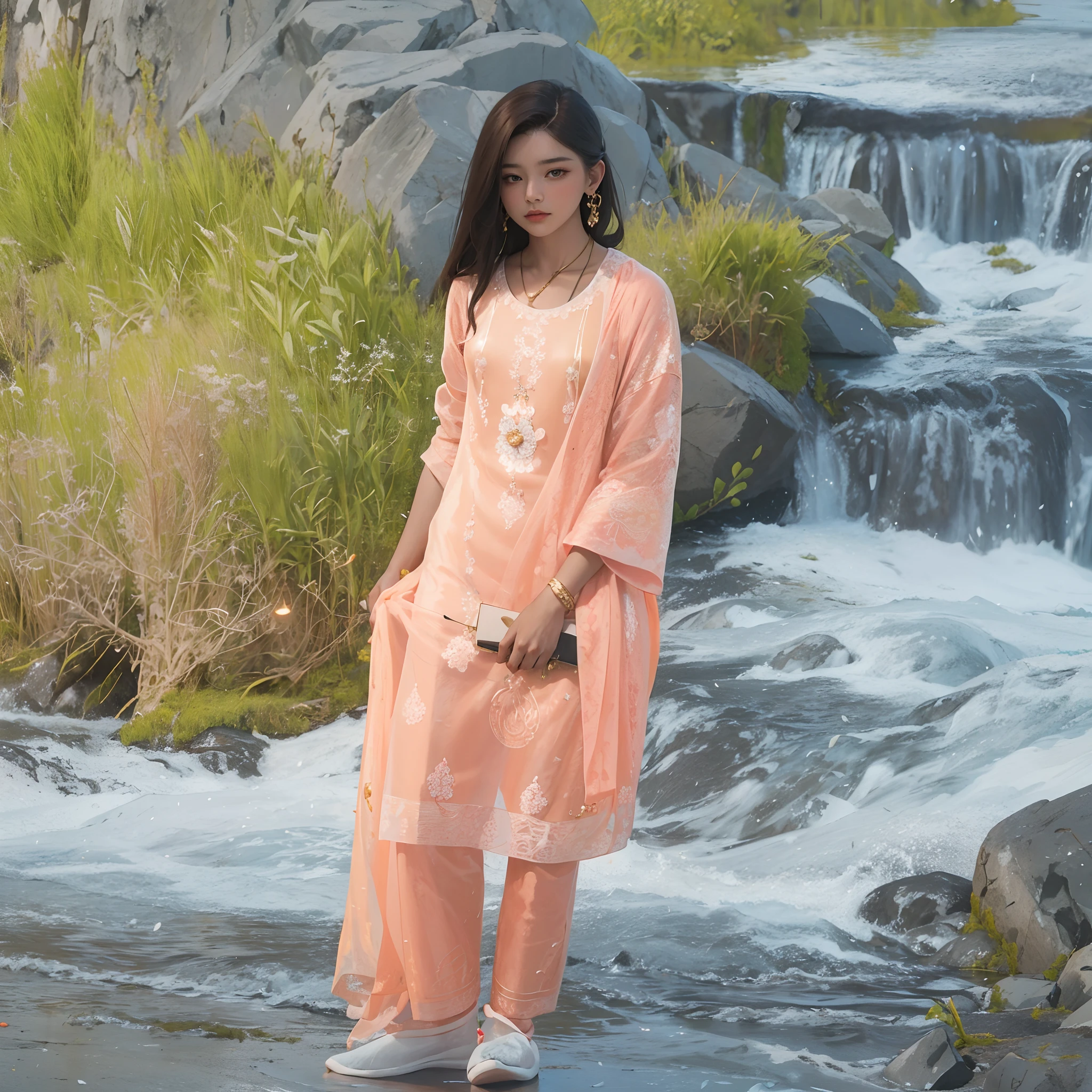 best quality, masterpiece, highres, (exquisite body:1.5),gorgeous face,(milky skin:1.3),intricate details,high resolution,wallpaper,
1girl, solo, dress, hair ornament, (((gold and red dress))), flowers, long hair, brown hair, closed mouth, jewelry, long sleeves, hand up, wide sleeves, big eyes,floating hair, chinese clothes, hanfu, embroidery, long skirt, natural pose, falling petals, indoor,fanning, lantern,
16K,HDR,highres,depth field,(film grain:1.1),boken,golden hour,(lens flare),vignette,rainbowing,(color grading:1.5)